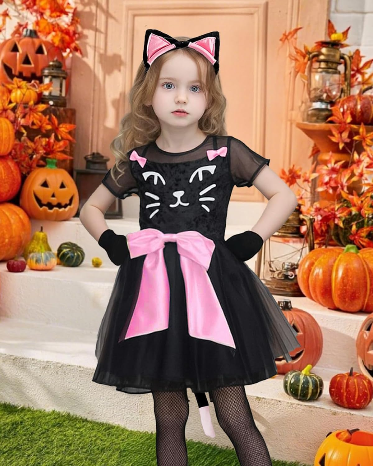 Halloween Costume for Girls Cat Dress Costumes with Cats Tail Headpiece and Gloves Kids Animal Cosplay image number 6