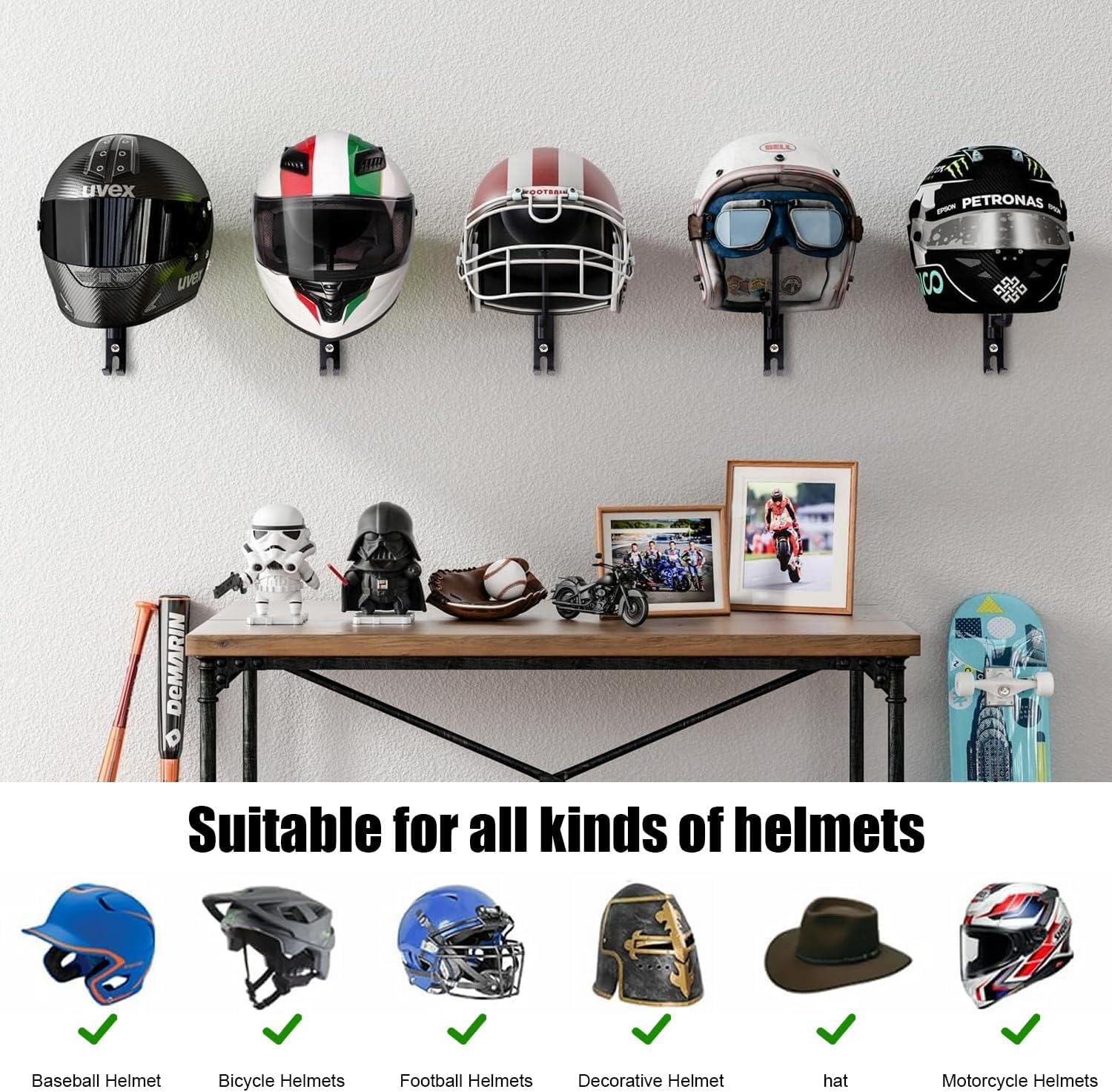 180&deg; Motorcycle Helmet Rack, Helmet Storage Hook, Rotatable, Metal Wall Mount. Helmet Holder Bike, Suitable for Motorcycle Bicycle Helmets, Hats, Baseball, Football Helmets image number 3