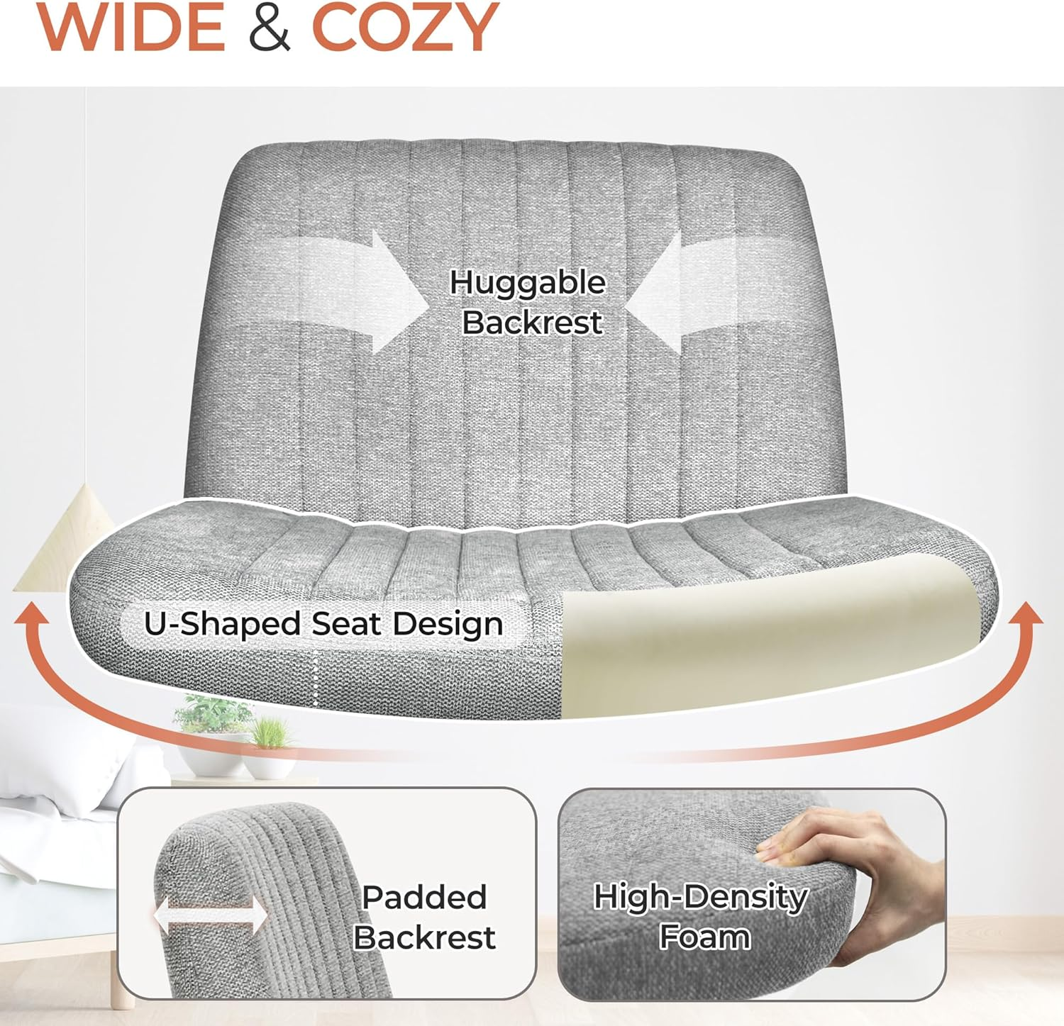 Orange Factory Criss Cross Chair No Wheel Wide Cross Legged Office Desk Vanity Chair Comfy Fabric Armless Adjustable Swivel for Home Computer Task (Gray) image number 5