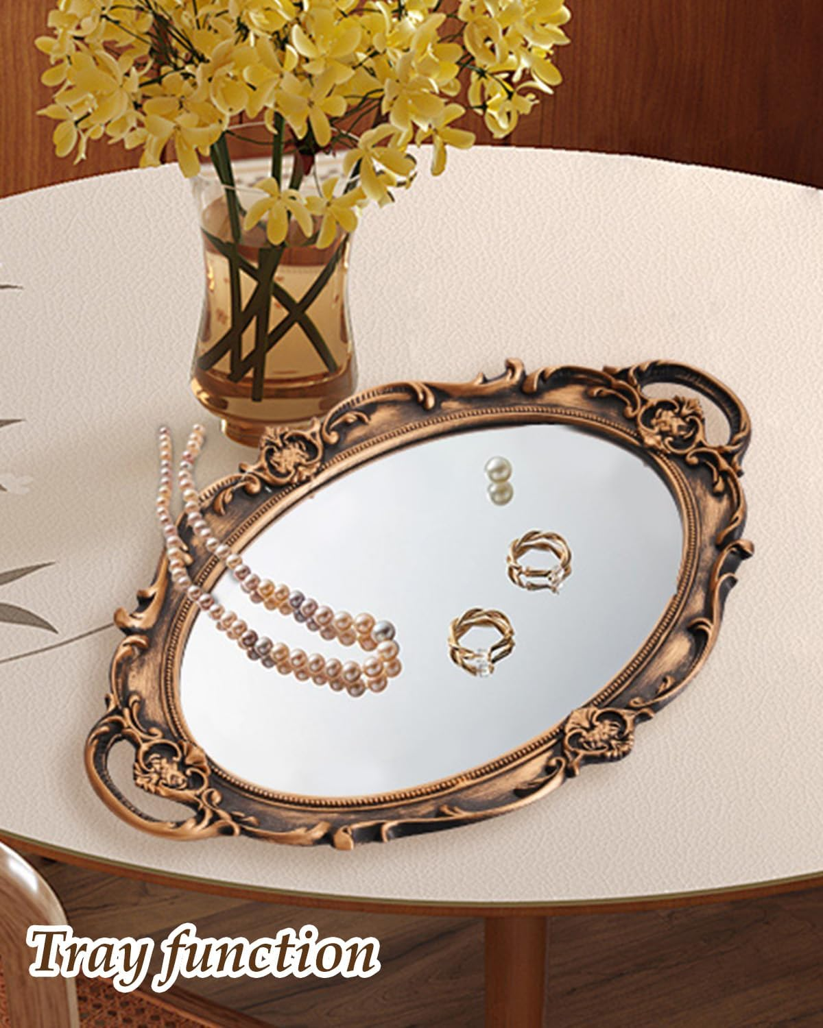 XPXKJ Vintage Gold Mirror Tray Vanity Tray for Dresser Perfume Storage Decorative Mirrored Glass Tray Coquette Room Decor, Bedroom, Bathroom Oval Antique Serving Makeup Organizer image number 6