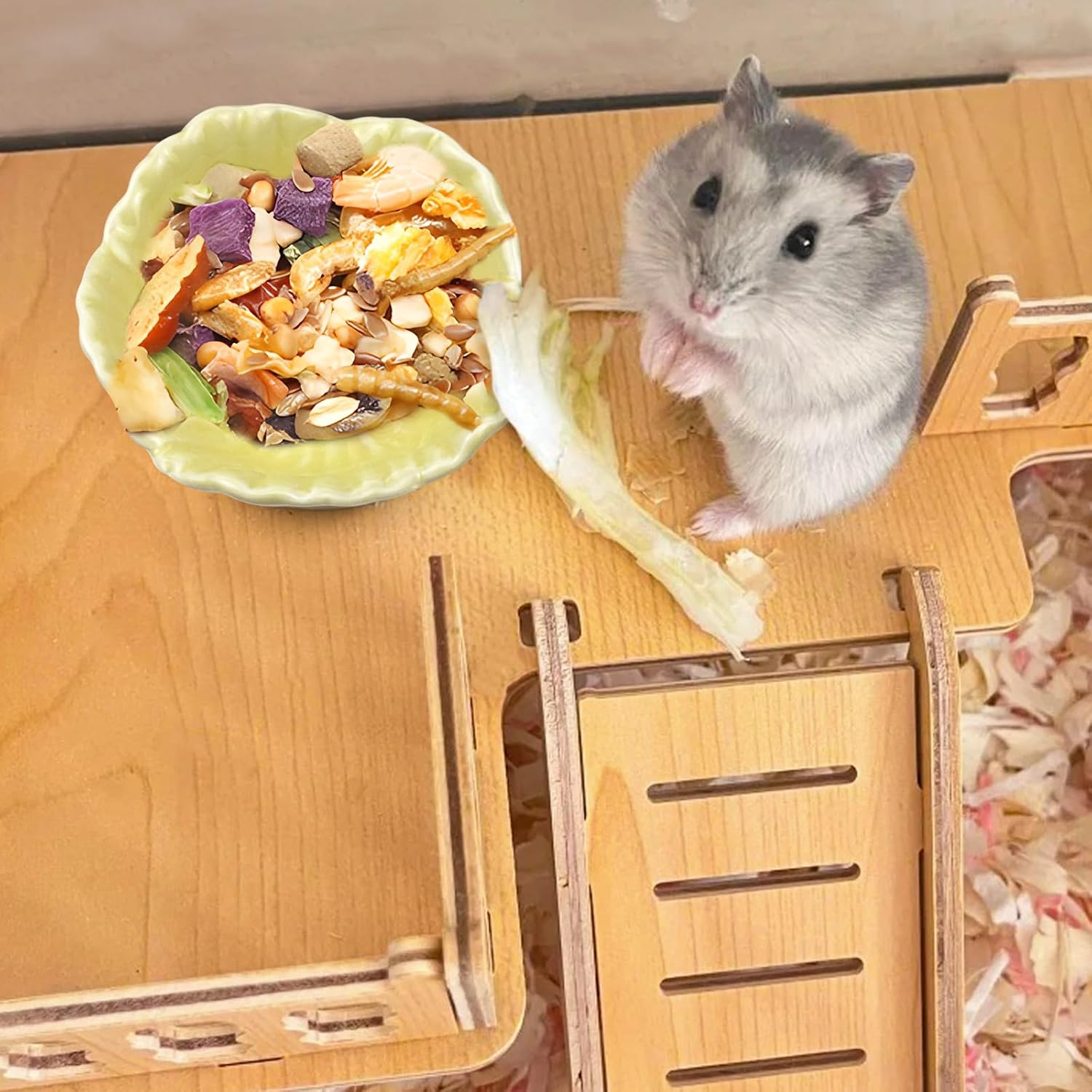 Small Ceramic Hamster Bowl, Easy to Clean anti Flipping Hamsters Food and Water Bowl, Small Animal Bowls for Dwarf Hamster, Parrots (Yellow+Green, S,2Pcs) image number 4