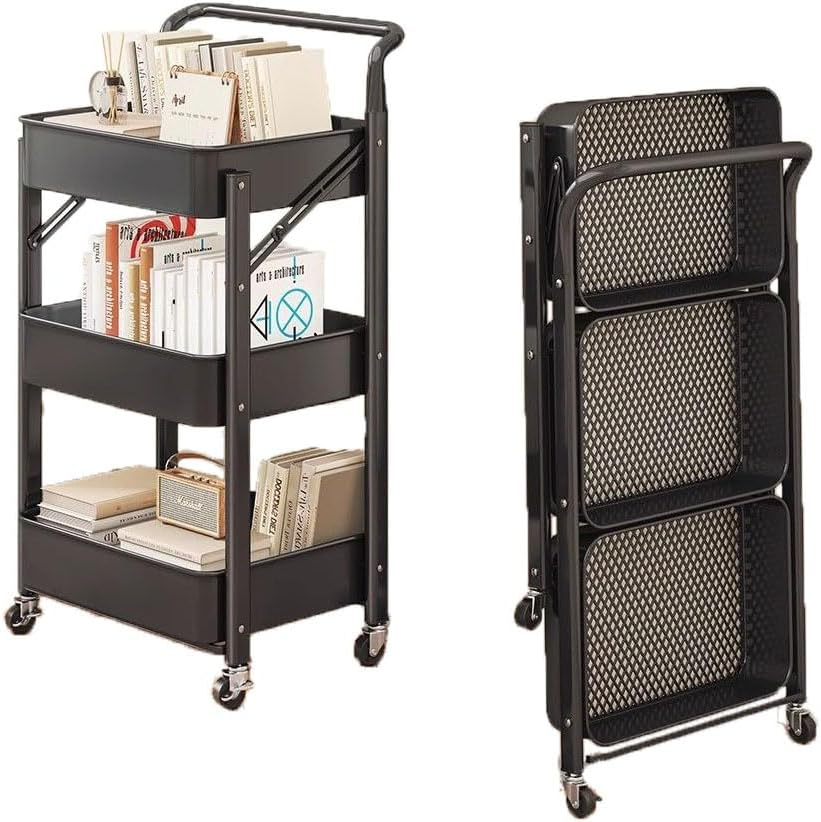 Foldable Storage Cart 3 Tier Rolling Cart with Wheels No Assembly Required Folding Metal Rack Organizer for Living Room, Kitchen, Bathroom, Bedroom and Office,Foldable Rolling Rack