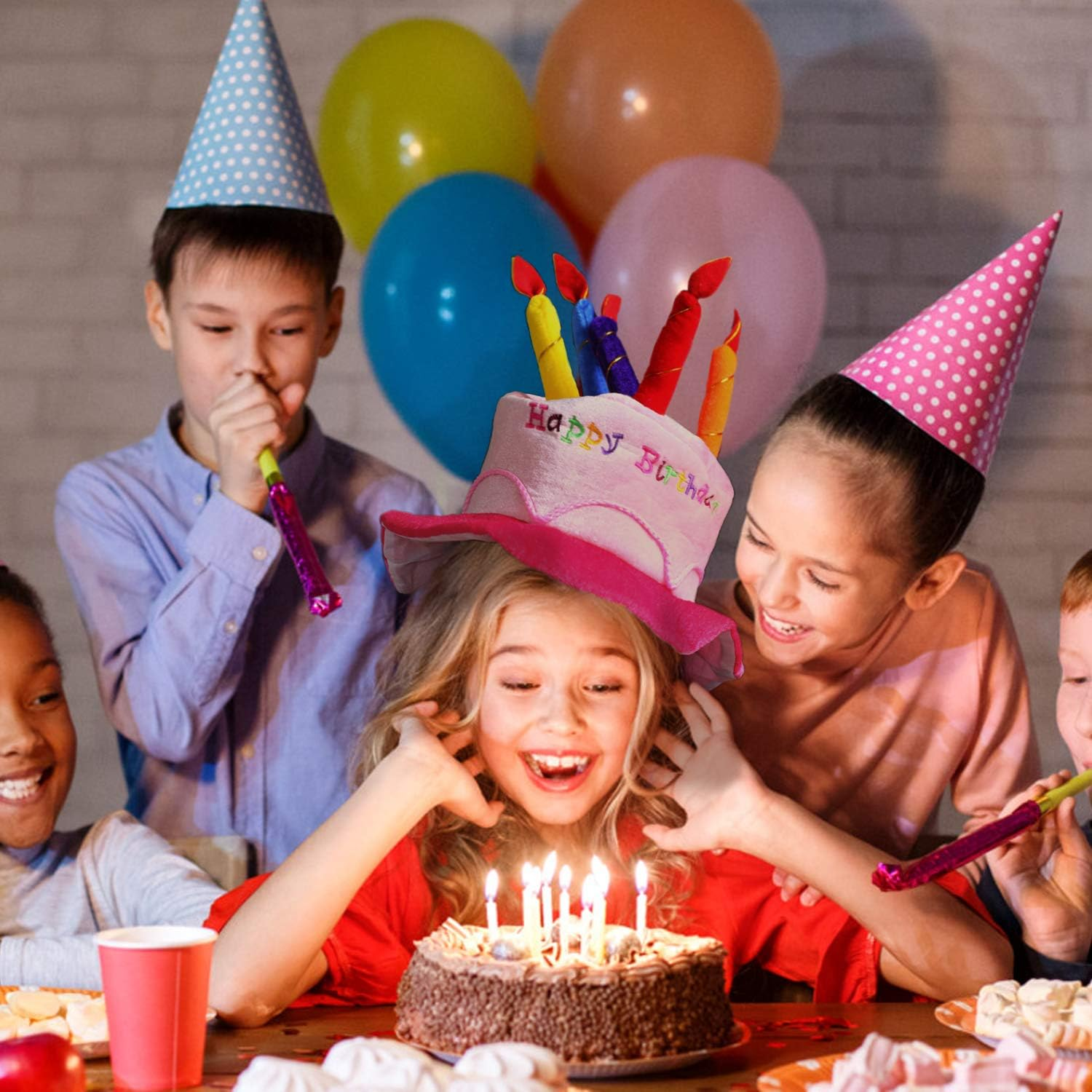 Novelty Place Plush Happy Birthday Cake Hat, (2 Pcs, Blue & Pink) - Unisex Adult Size Fancy Dress Party Hats - Perfect as Party Favors, Costume Accessories - Cake & 5 Multicolor Candles image number 2