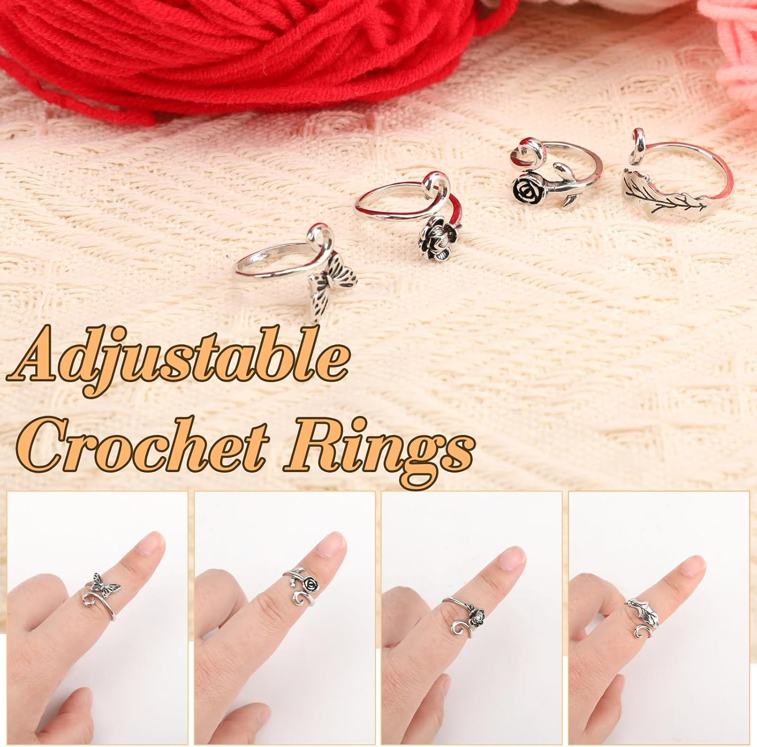 Namifin 4 Pieces Crochet Tension Ring Animals Plants Crochet Ring for Finger Adjastable Knitting Ring for Crocheting