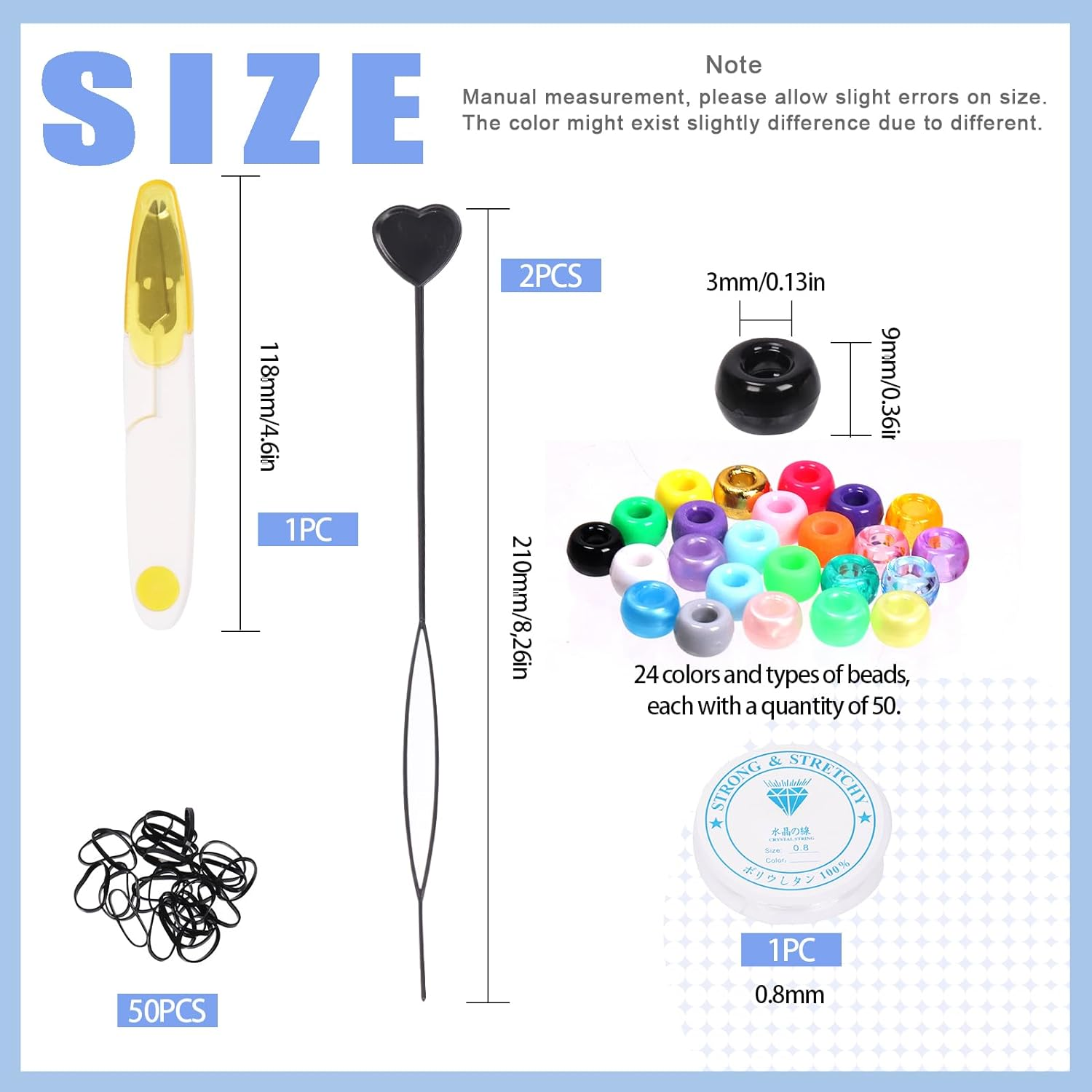 Glarks 1254Pcs 24 Color Pony Beads Kit with Elastic String, Rubber Band, Quick Beader and Scissors - Solid Pearlescent Transparent Matte Rainbow Hair Beads for Braids Bracelet Making Craft image number 1