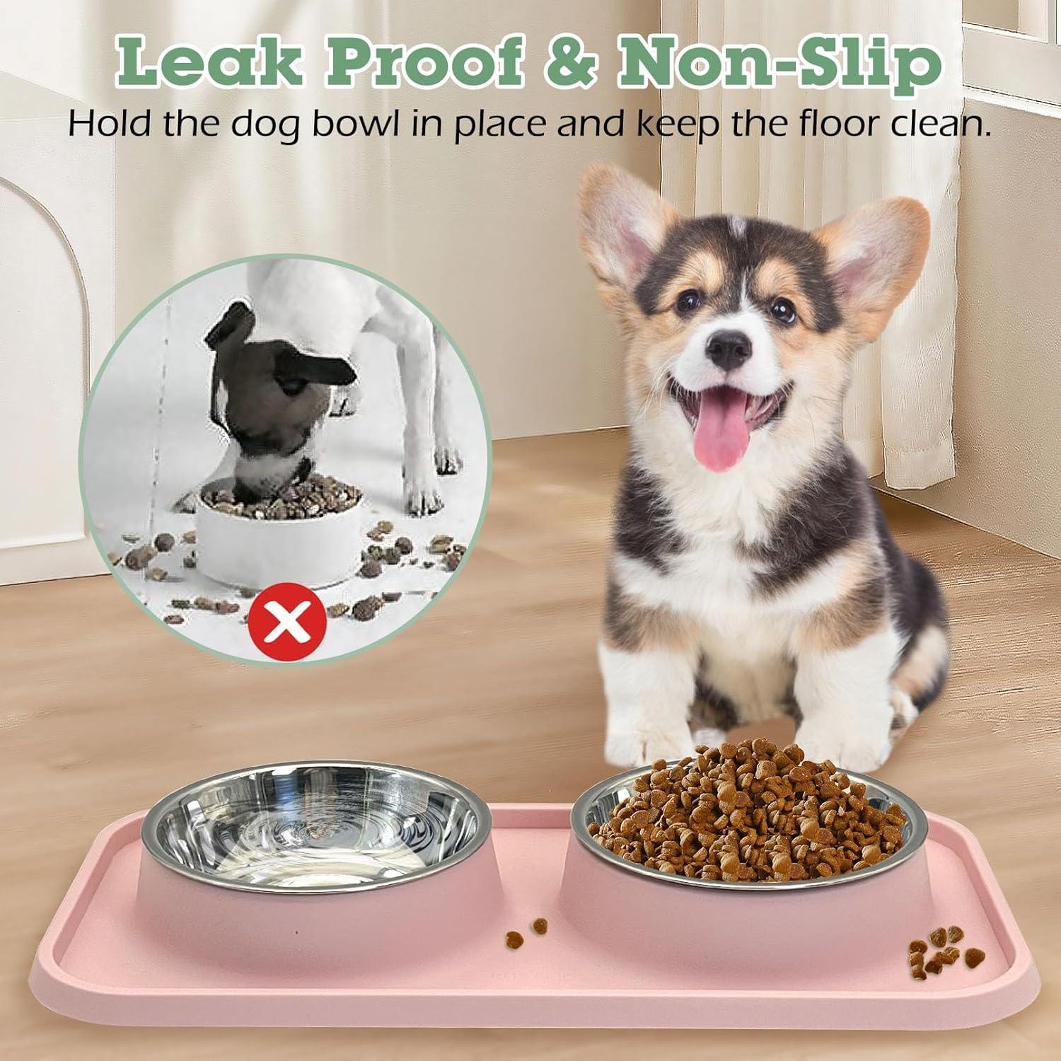 BNOSDM Double Dog Food Bowls Stainless Steel Dog Food and Water Bowls with Non-Spill Plastic Mat Pet Cat Feeder Bowl Set for Puppy Cats Kitten Small Dogs, Dark Green - Green image number 7
