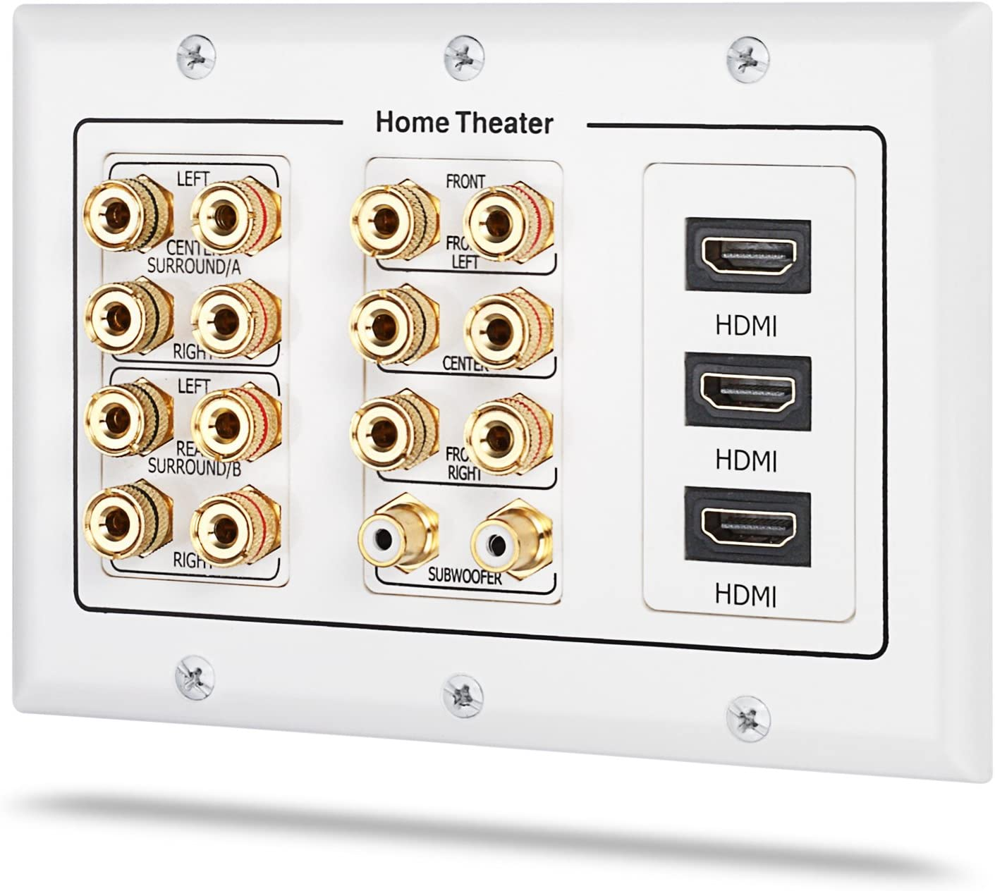 Fosmon 3-Gang 7.2 Surround Sound Distribution Wall Plate, Home Theater Gold Plated Copper Banana Binding Post Coupler Type Wall Plate for 7 Speakers, 2 RCA Jacks for Subwoofers and 3 HDMI Ports image number 1