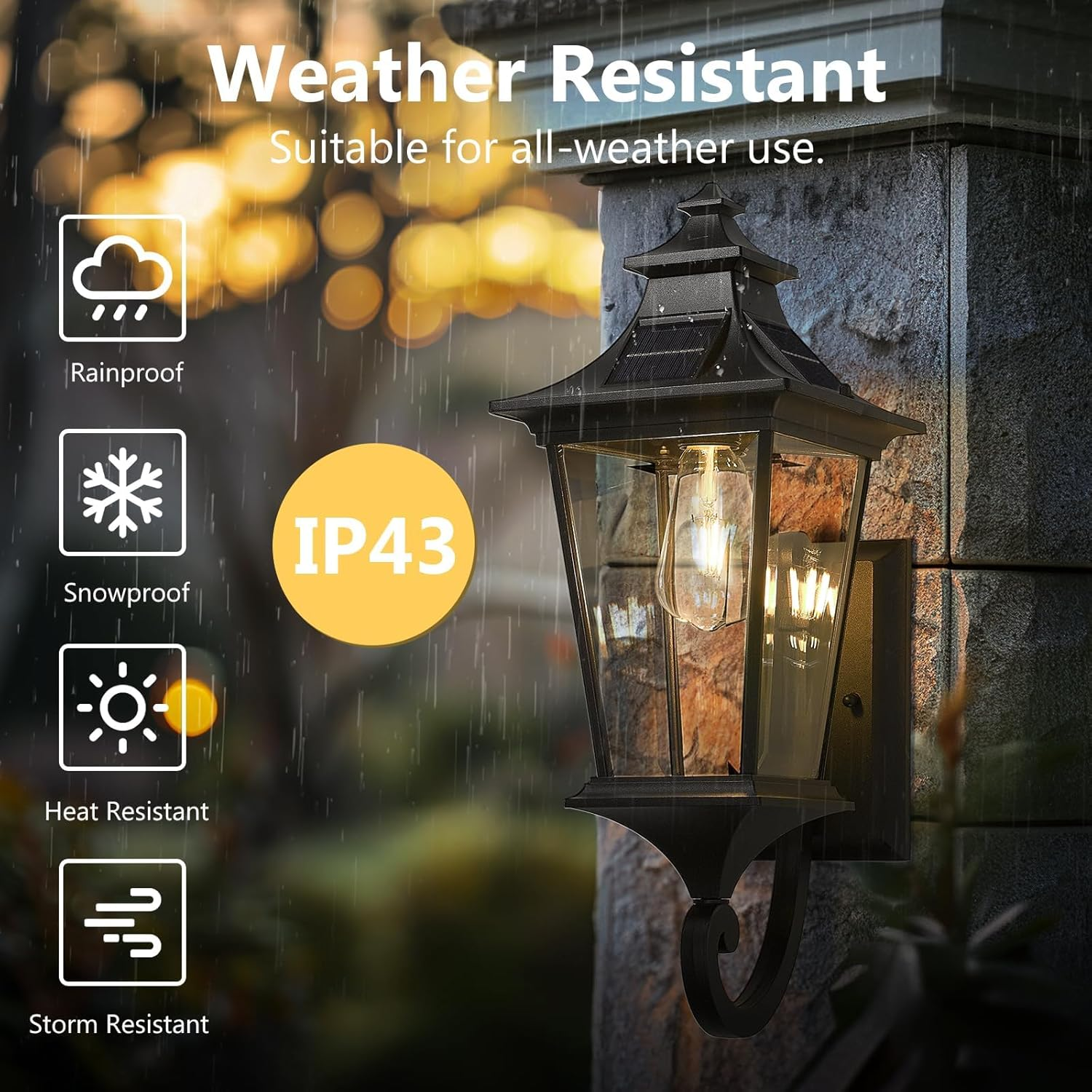 EMLIVIAR Solar Exterior Front Porch Light with Remote Control, 3 Lighting Modes Waterproof Solar Wall Lantern, Auto On/Off Black outside Light with Clear Glass, 500181-SL BK image number 4