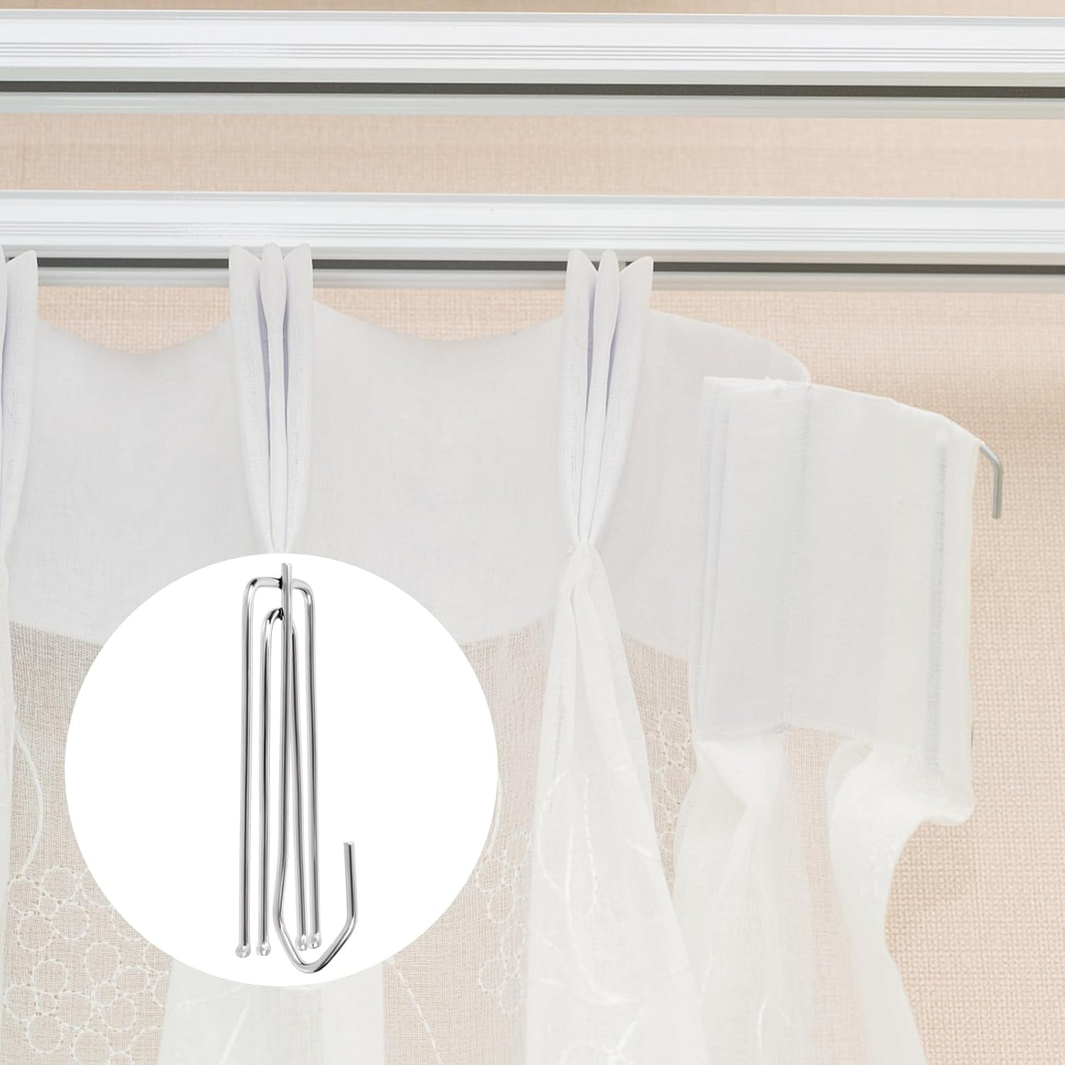 Swpeet 30Pcs Silver Stainless Steel Curtain Pleat Hooks,Drapery Hook and Pin for Pleated Drapes 4 Prongs Pinch Pleat Hook Clips, 4 End Curtains Hangers for Window Curtain, Door, Bathroom image number 5