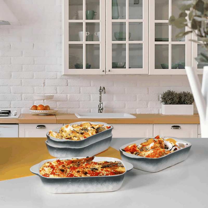 20Oz Small Ceramic Baking Dishes, 7.5L X 5.4W Inch Stone Embossed Pattern Bakeware with Double Handles, Individual Rectangular Baker for Lasagna, Casserole - Set of 4 (Gray) image number 4