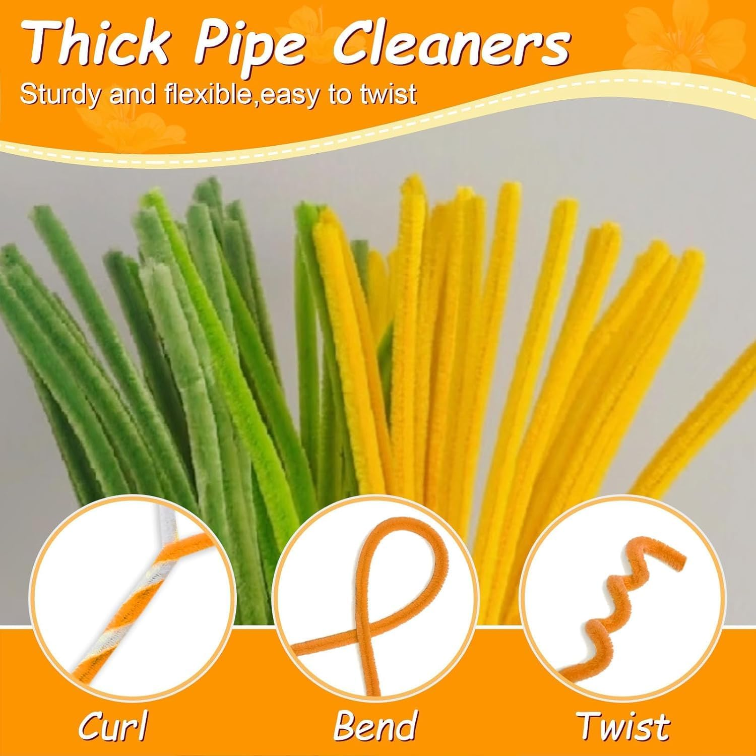 Pipe Cleaners Craft, Sunflower Color Set, 5 Colors 500Pcs Thick & Durable Chenille Stems Fuzzy Sticks Craft Supplies Pipe Cleaners for DIY Art and Craft Creative Gift Party Decorations image number 2