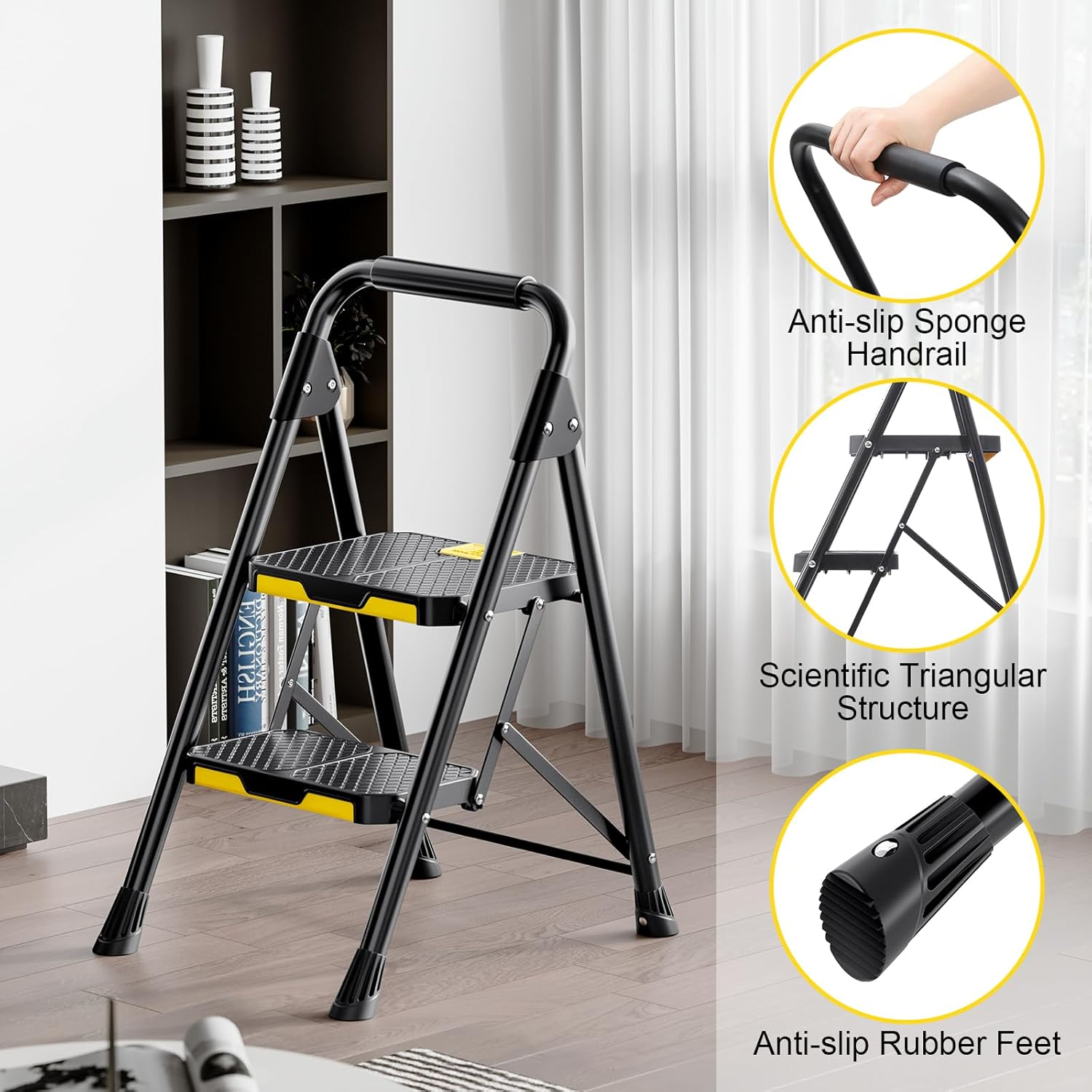 KINGRACK 2 Step Ladder, Sturdy Steel Folding Step Stool with Safe-Lock Design, Handrail, Anti-Slip Wide Pedals, Pass 150 KG Load Testing, Portable Stepladder for Multi-Purpose, Home, Kitchen, Black image number 6