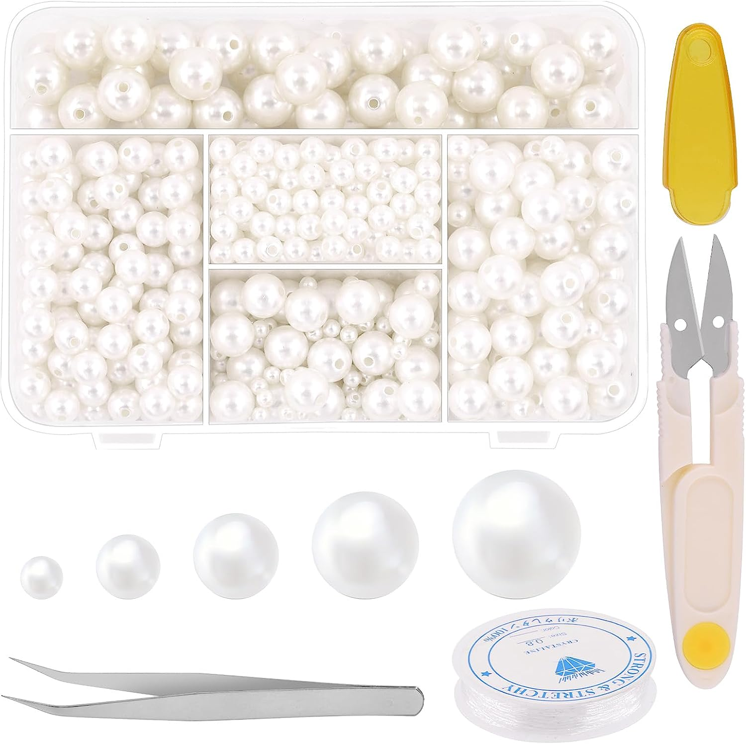 Tanstic 803Pcs White Pearl Beads Kit, 4Mm 6Mm 8Mm 10Mm 12Mm Ivory Pearl Craft Beads with Hole, round Loose Pearls with Tweezer, Crystal String and Scissor for Jewelry Making DIY Crafts image number 2
