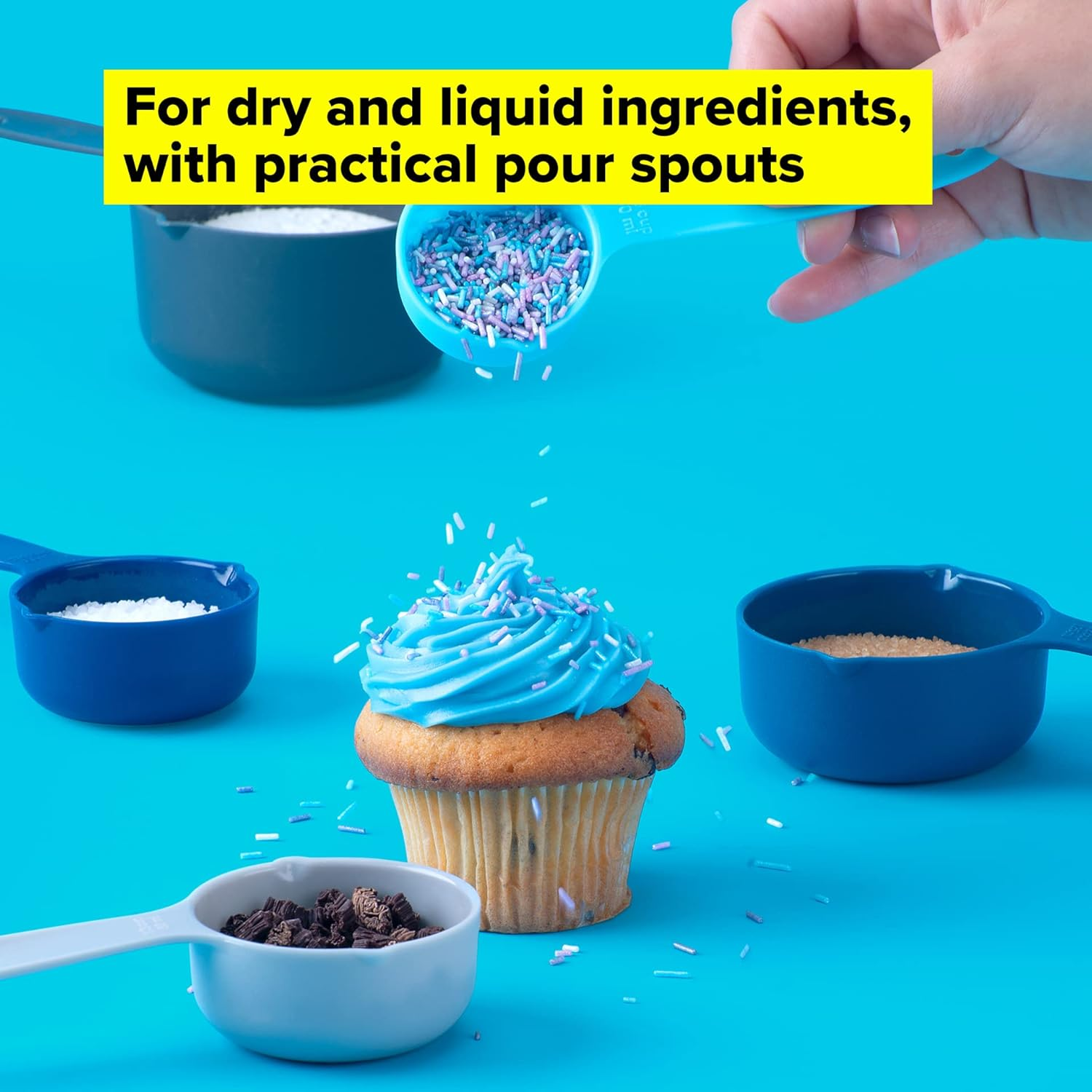 Tasty 5-Piece Measuring Cups Set for Baking, Nesting Plastic Cups, Light Blue, Blue, Grey - 1/8, 1/4, 1/3, 1/2, 1 Cup image number 5