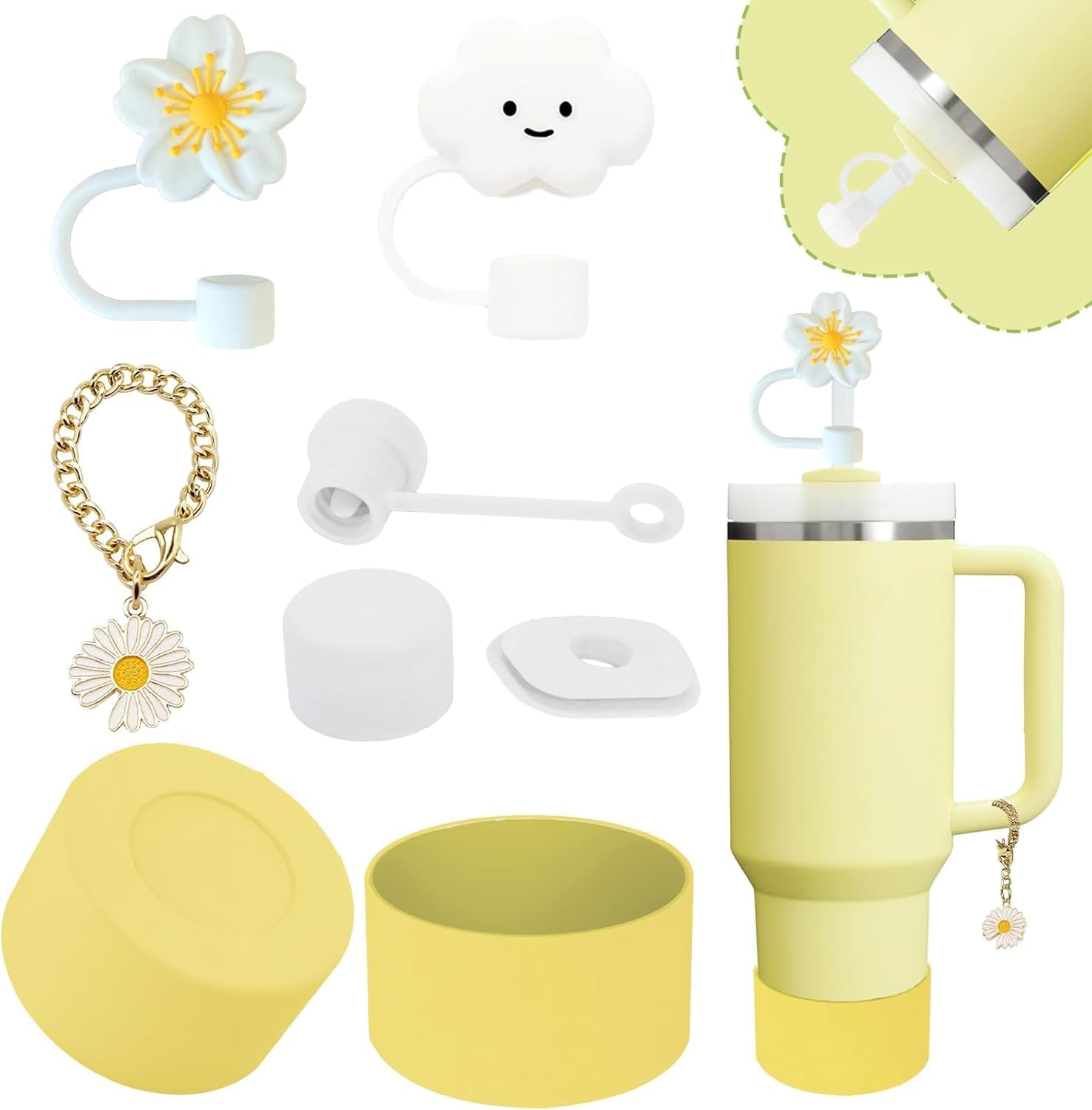 XIANGYUAN Stanley Cup Accessories Set,Including 2 Pcs 0.4In Straw Cover, 1 Silicone Spill-Proof Stopper Set of 3, 1 Cute Flower Handle Charm, 1 Silicone Boot Fits Stanley 40&30 Oz Tumbler image number 2