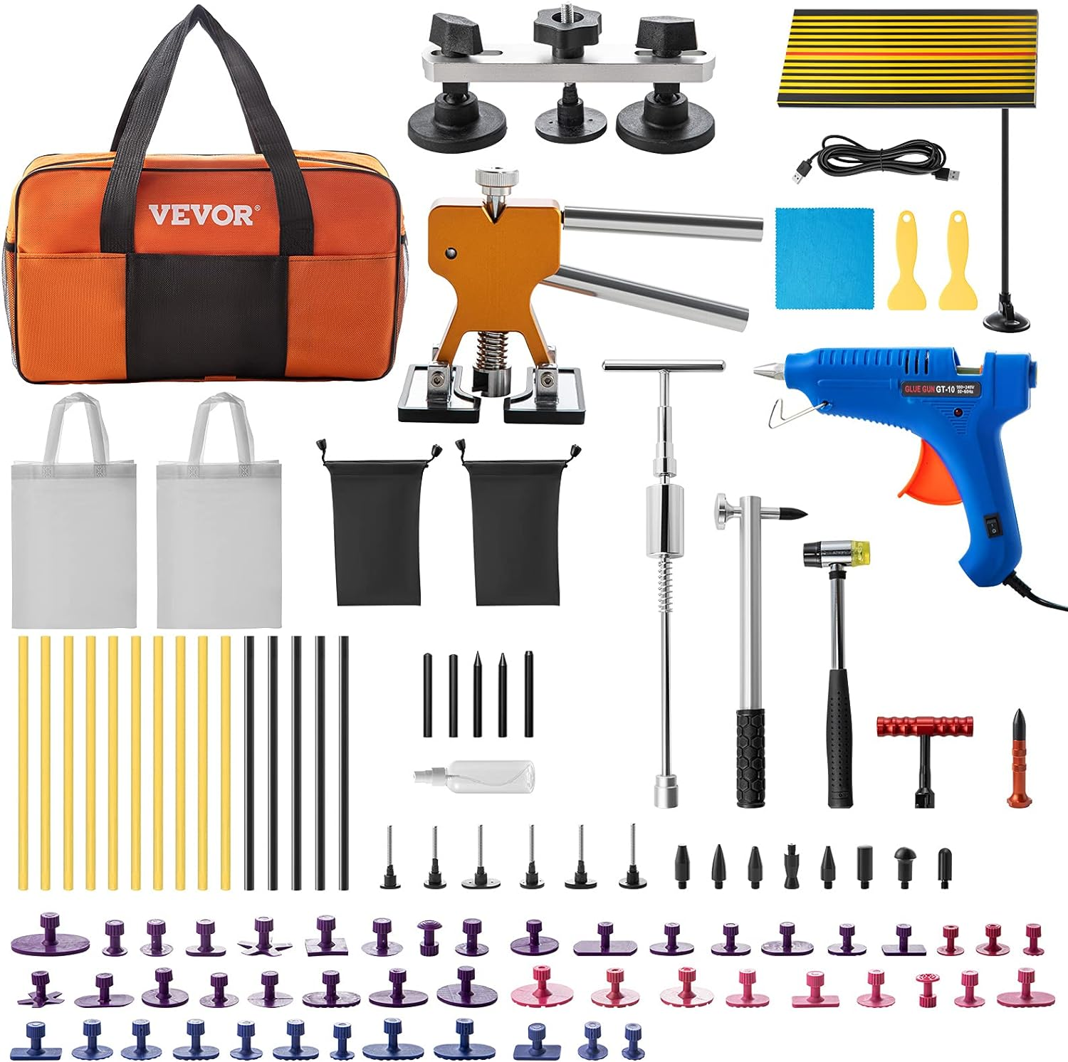 VEVOR Dent Removal Tool, 98 Pcs Paintless Dent Repair Tools, Led Baffle Board Car Dent Repair Kit, Glue Puller Tabs Dent Puller Kit for Auto Dent Removal, Minor Dents, Door Dings and Hail Damage image number 2