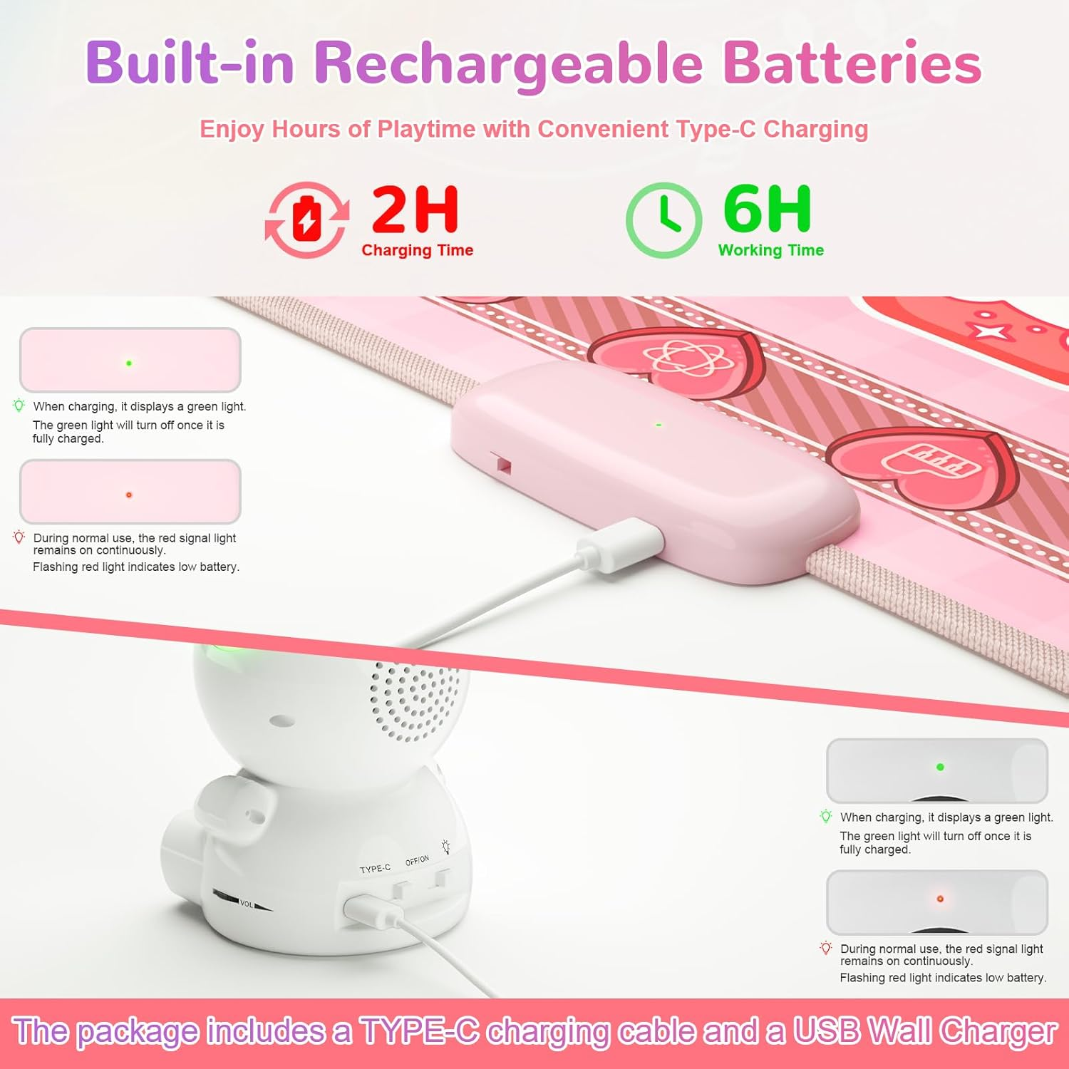 Dance Mat Toys for Girls, Light up Dance Pad with Wireless Bluetooth, Rechargeable & Portable Dance Mat for Kids, Birthday Gifts for 3 4 5 6 7 8 9+ Years Old Kids (Pink) image number 6