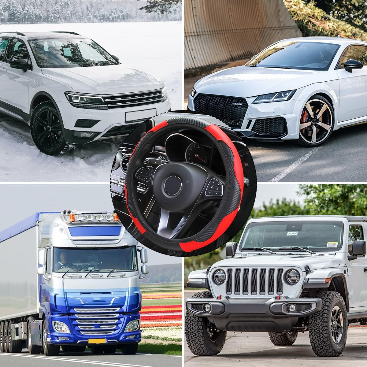 Car Steering Wheel Cover, 15 Inch Carbon Fiber Microfiber PU Leather Elastic Steering Wheel Protector for Men Women, Anti-Slip Breathable Car Interior Accessories for Most Cars (Red) image number 5