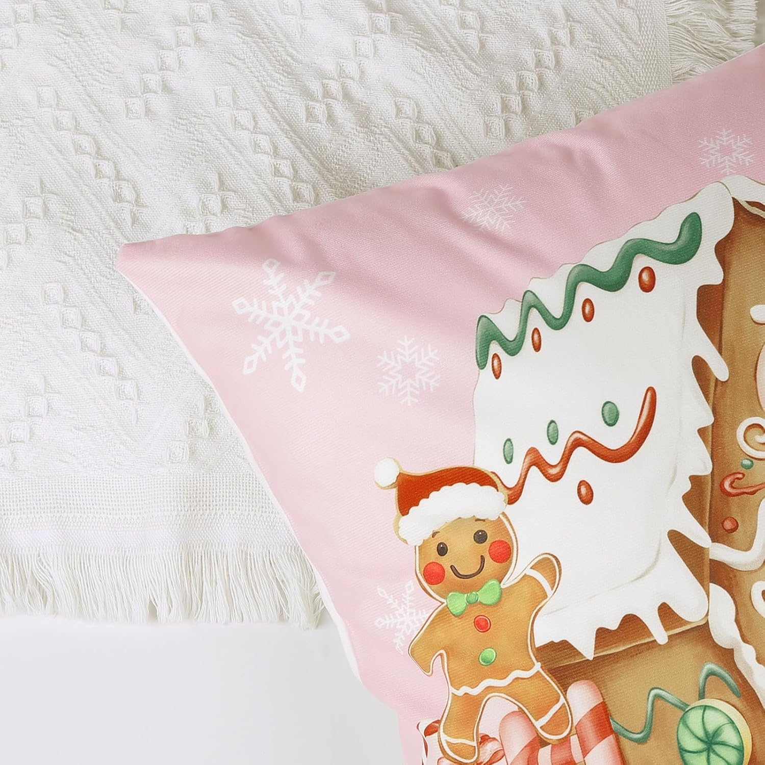 Bonhause Christmas Gingerbread Cushion Covers 45 X 45 Cm Xmas Truck House Hot Cocoa Pink Decorative Throw Pillow Covers for Sofa Bed Home Winter Holiday Decor Set of 4 - Brown image number 1