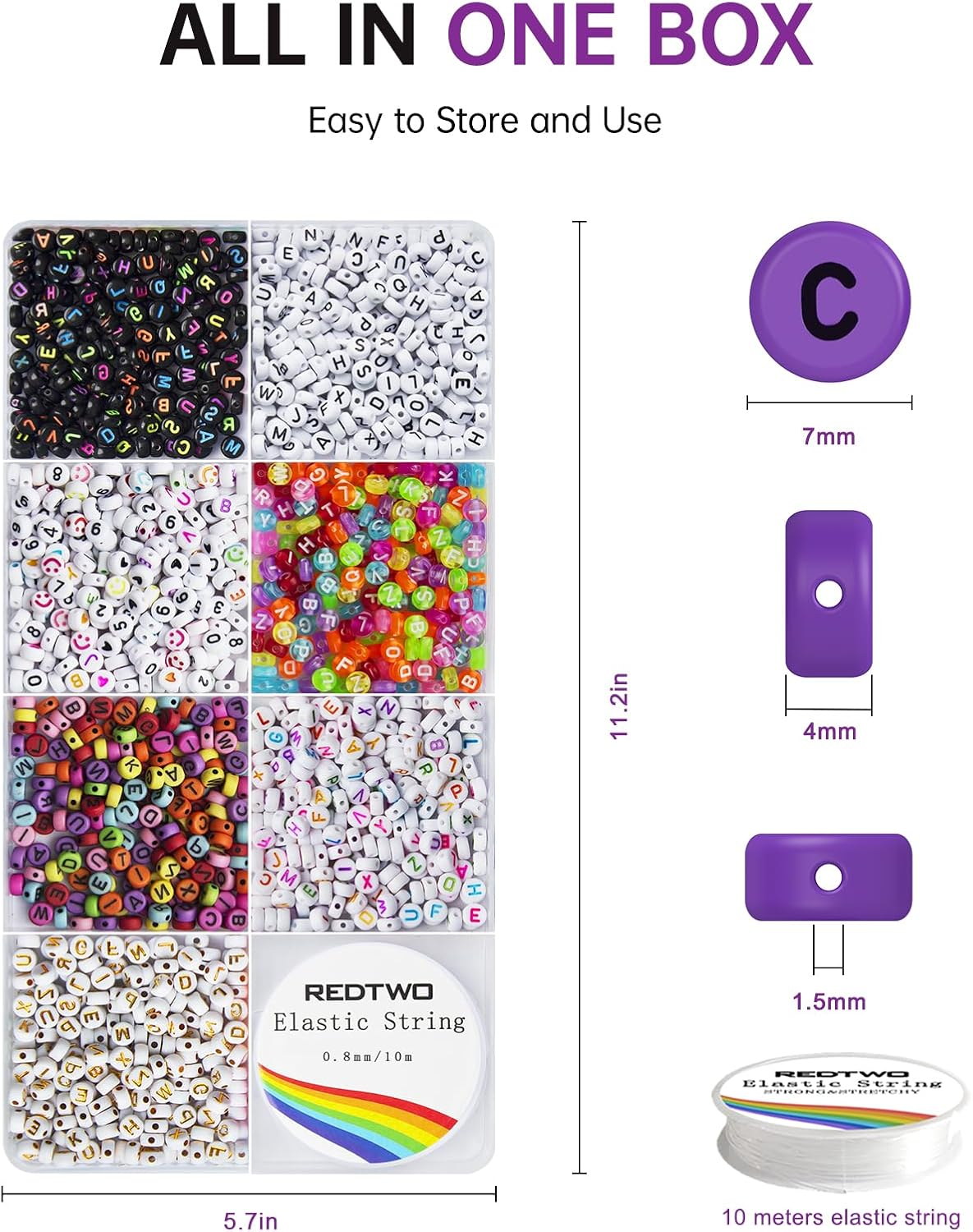 Redtwo 1600 Pcs Letter Beads Kit, 6 Styles of Colorful Alphabet for Bracelet, Numbers, Smiley Face, Heart and Elastic String for Friendship Bracelet Kit image number 3