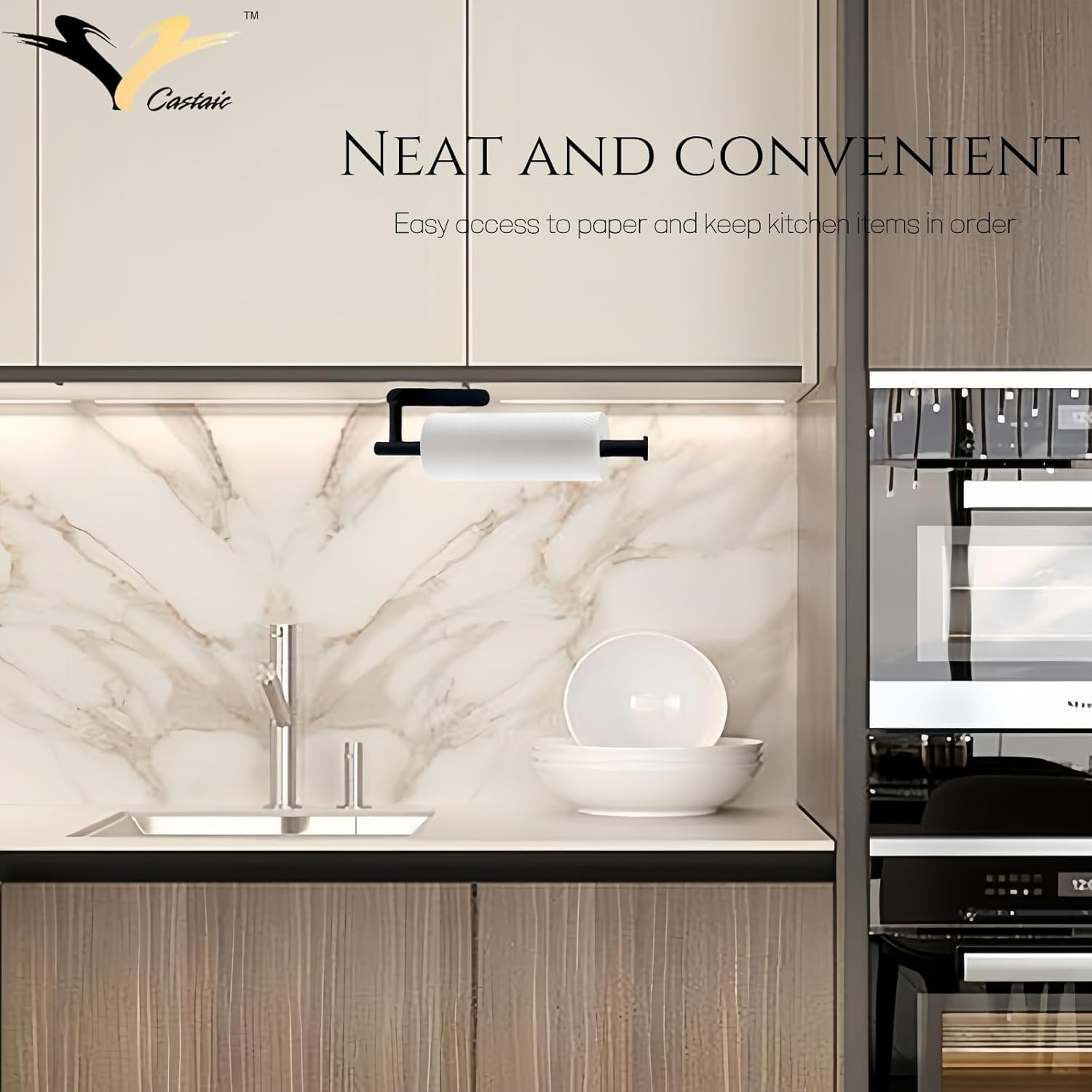 Castaic Paper Towel Holder under Cabinet, Kitchen Roll Hanger, 304 Stainless Steel, Self Adhesive Hanging for Kitchen, Bathroom (Black-Rectangle 13 Inch) image number 1