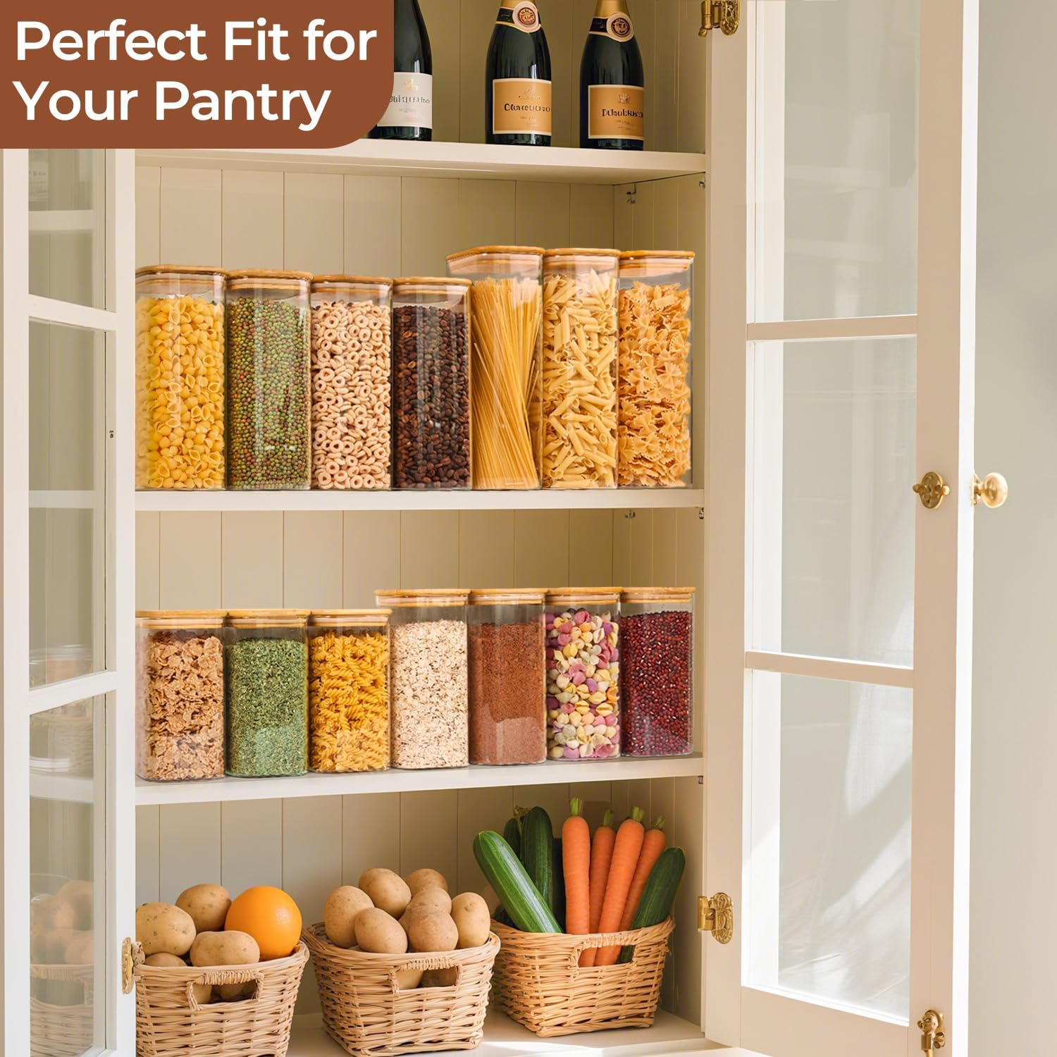 Comsaf Glass Storage Containers with Lids, 1.3L Glass Jars with Bamboo Lids, Clear Food Storage Jar, Square Glass Canister Set of 3, Pantry Organizers Storage for Cereals Pasta Tea Coffee Bean image number 4