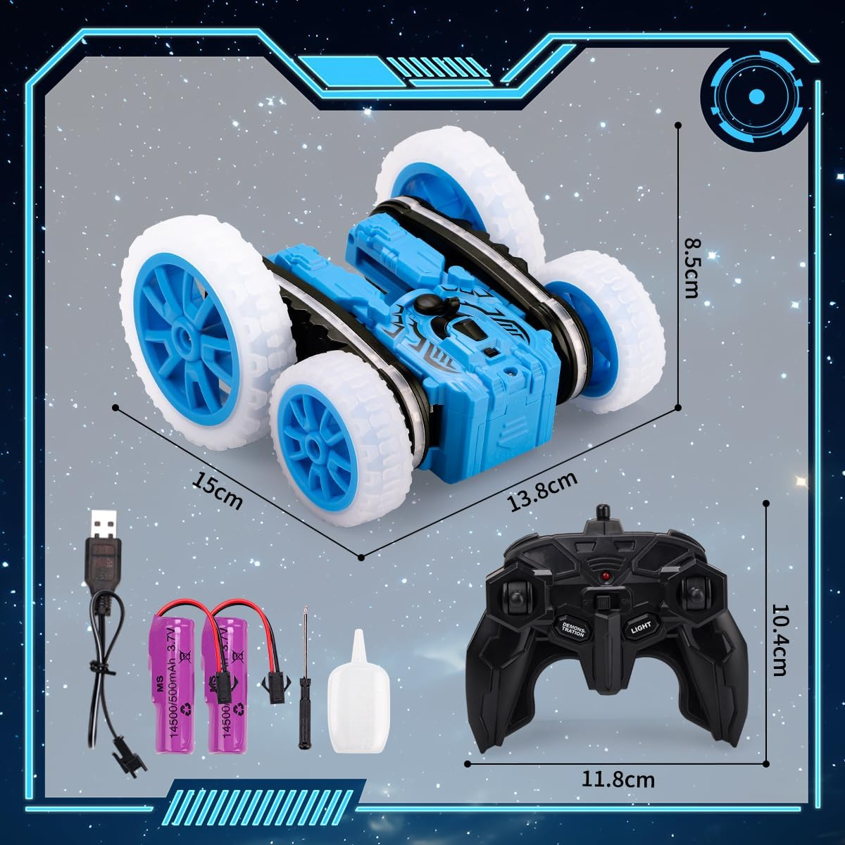 Kaekid Remote Control Car, RC Stunt Toys with LED Lights & Cool Spray, Double-Sided 360&deg; Rotating 4WD High Speed Off-Road Car, Indoor/Outdoor Toy RC Drift for 6 7 8 9 10 11 12 Year Old Boy (Blue) image number 1