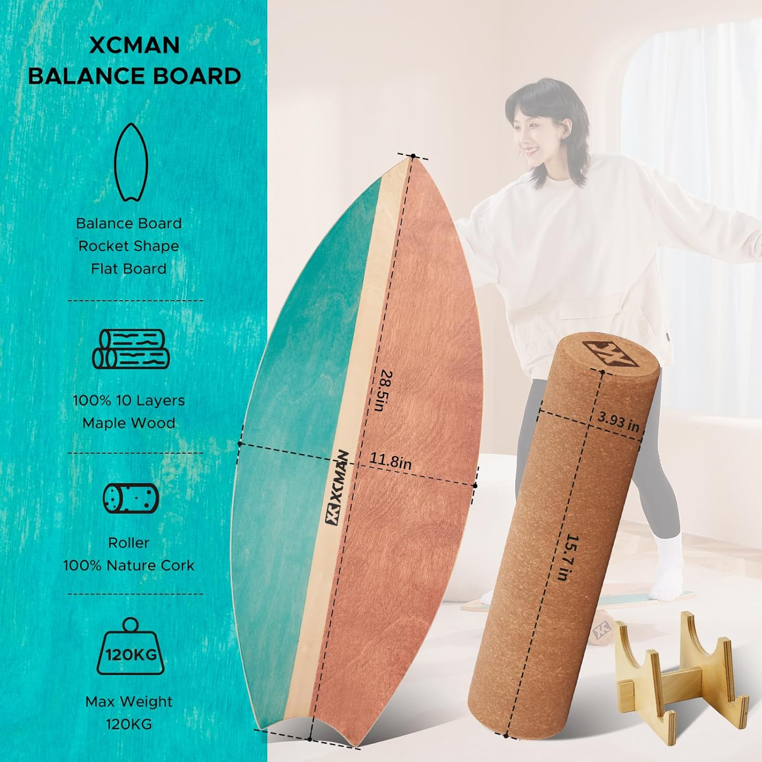 XCMAN Surf Balance Board Trainer with Roller Wooden Exercise Balancing Stability Trainer - Non Slip Surface for Adults Kids|Balance Board for Surfing,Snowboarding,Skateboarding,Hockey,Yoga Training - Boat Bown image number 3