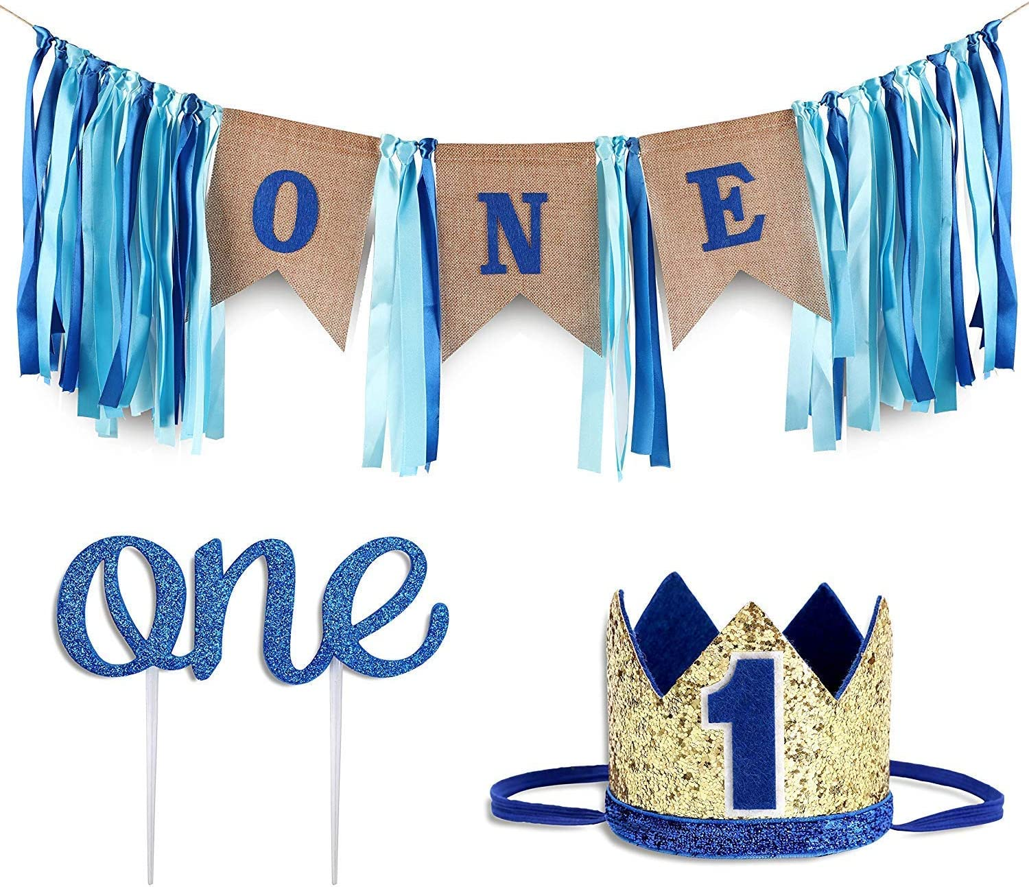 Baby 1St Birthday Boy Decorations with Crown - Baby Boy First Birthday Decorations High Chair Banner - Cake Smash Party Supplies - Happy Birthday ONE Burlap Banner, No.1 Crown, Glitter Cake Topper image number 2