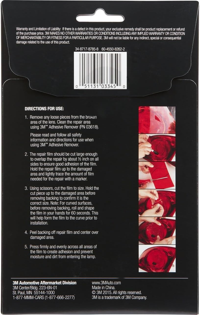 3M Auto High-Strength Lens Repair Film, 3.5 in X 7.75 In, Assorted Sheets: Red/Amber/Clear, Weatherproof & Airtight Seal, Flexible Film Repairs Flat or Curved Lenses on Truck & Car Lights (03345)