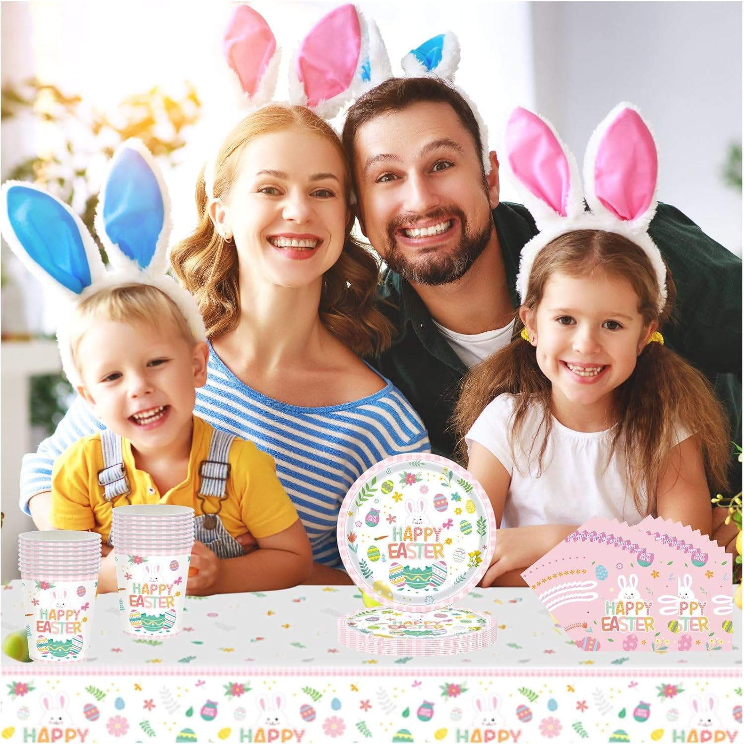 54Pcs Easter Party Tableware Decorations Easter Egg Hunt Cartoon Party Decorations Table Cloth,7Inch Paper Plates,Banner,Paper Napkins for Easter Theme Table Party Favor- Spring Decorations image number 1