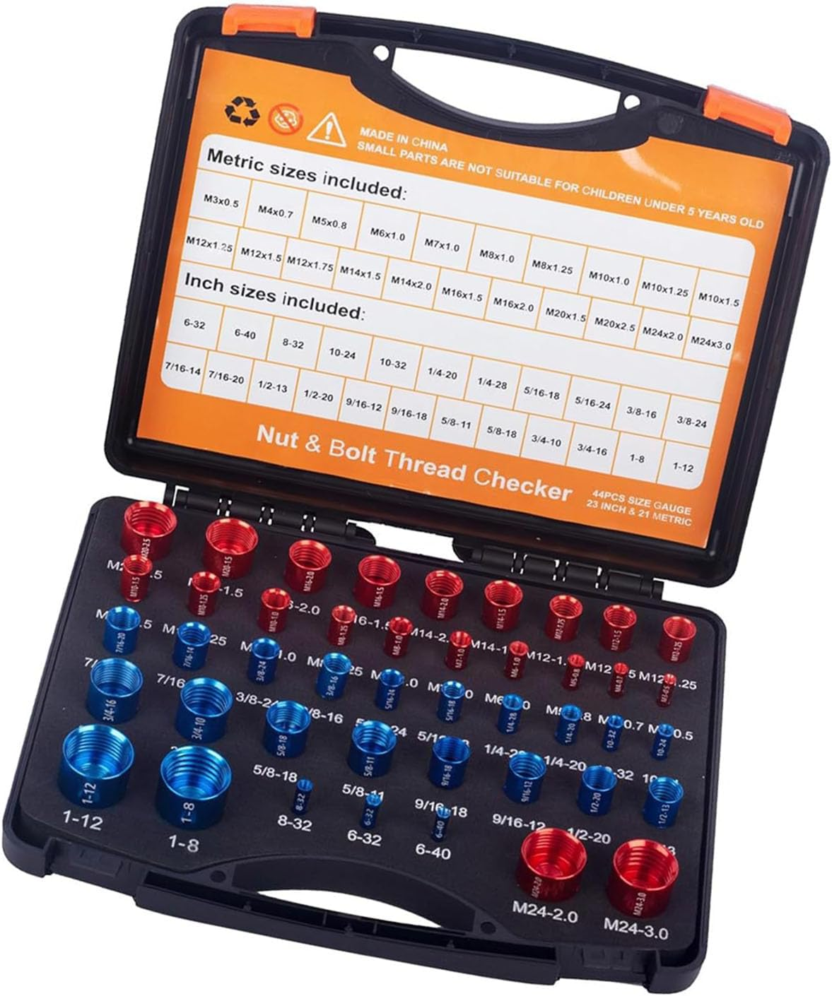44Pcs Nut and Bolt Thread Checker, Carbon Steel Identifier Thread Gauges Set with Storage Box, Standard SAE and Metric Sizes Individually Assembled Thread for Maintenance image number 3