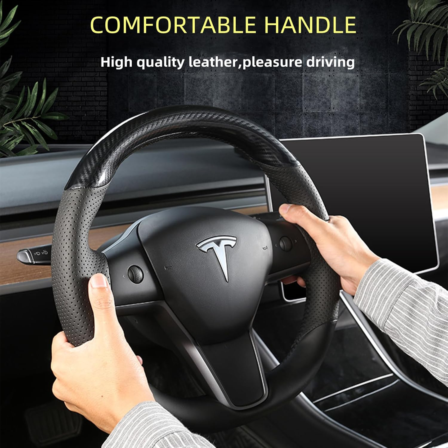 Tesla Steering Wheel Cover Microfiber Leather Hand-Stitched for Tesla Model 3/Model Y (Black-Breather Hole) image number 6