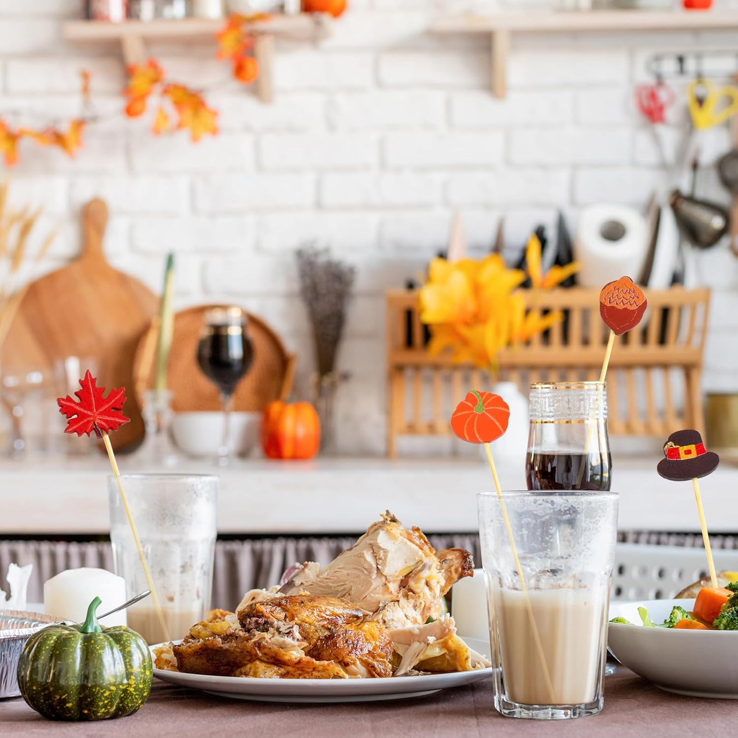 Worldbazaar Thanksgiving Cocktail Picks 120PCS Thanksgiving Toothpicks Fall Food Appetizer Sticks Fruit Harvest Decorations Party Supplies image number 3