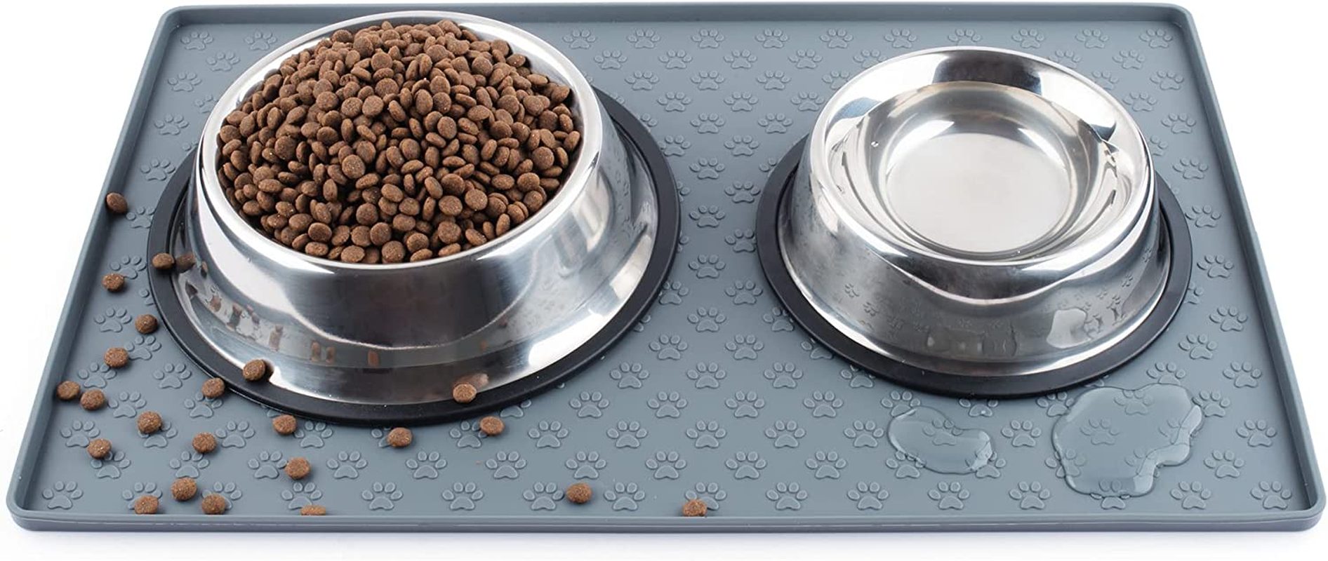 Coomazy Cat & Dog Food Mat, Sillicone Waterproof Pet Bowl Placement Tray to Stop Food Spills and Water Messes Out to Floor (M: 48X30Cm/18.9X11.8In, Grey)