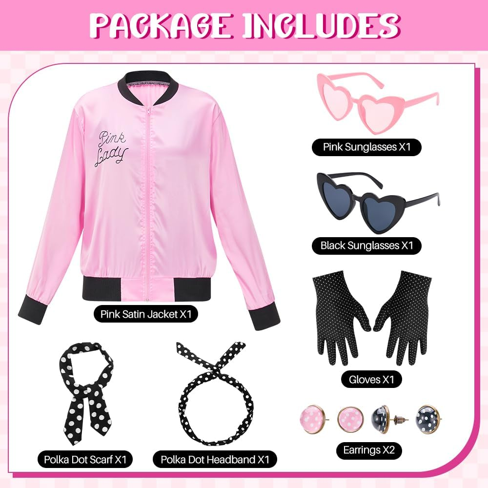AUTOWT 1950S Pink Ladies Jacket Costume, 11PCS 50S Satin Jacket with Neck Scarf Headband Earrings Cat Eye Glasses Halloween Cosplay Accessories Set for Adults Women Dress up Party Outfit