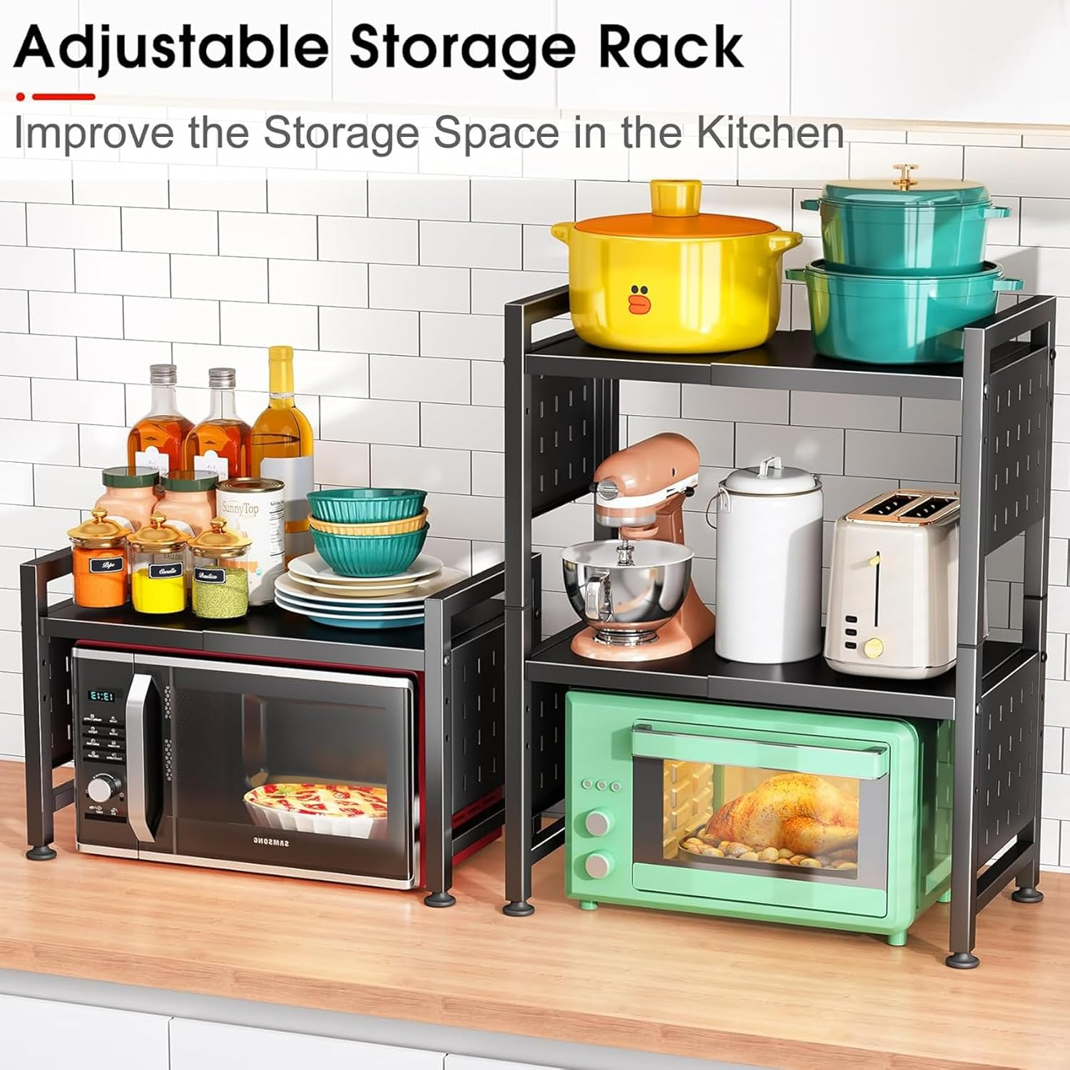 3-Tier Microwave Oven Rack, Adjustable Microwave Shelf Organizer with Hooks, Metal Kitchen Countertop Microwave Storage Expandable Stand, Black