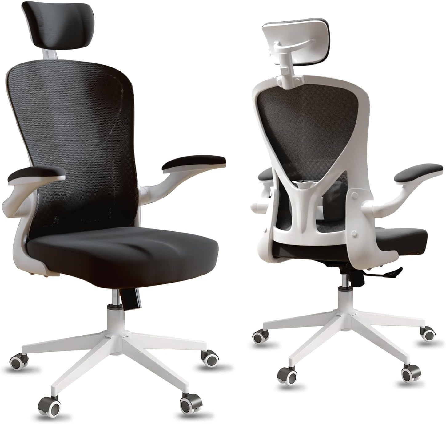 Computer Chair, Ergonomic Office Chair with Flip-Armrest & Cushion for Lumbar Support, Home Office Desk Chairs with Wheels, Adjustable Office Chairs for Study and Work (White Black) image number 2
