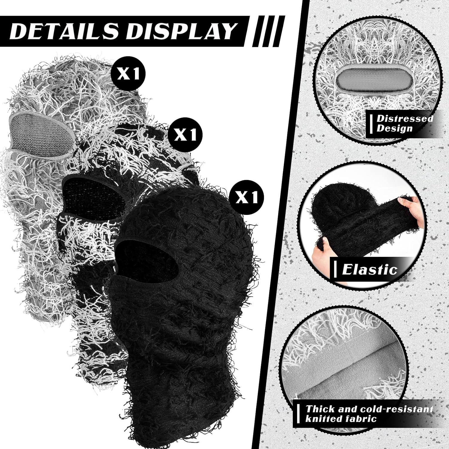 Newcotte 3 Pcs Distressed Balaclava Full Face Ski Mask Cool Knitted Balaclava Windproof Ski Mask for Men Women Cold Weather image number 3