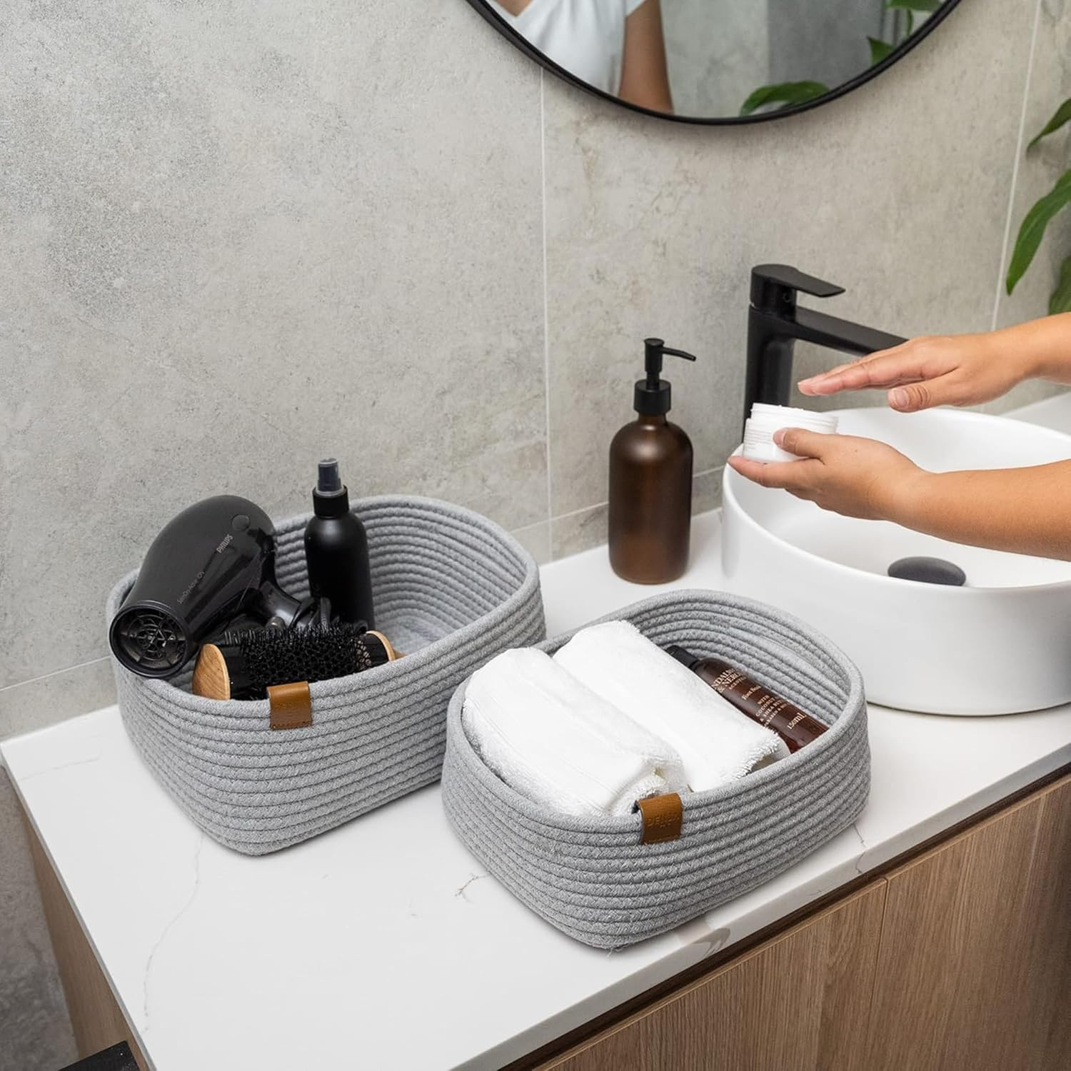 DENJA & CO Decorative Storage Basket Organiser Set of 3 - Woven Cotton Rope Baskets for Bathroom Storage - Nursery Organisation Baskets for Toys, Books, Diapers - Rectangle Basket Set for Home Decor image number 6