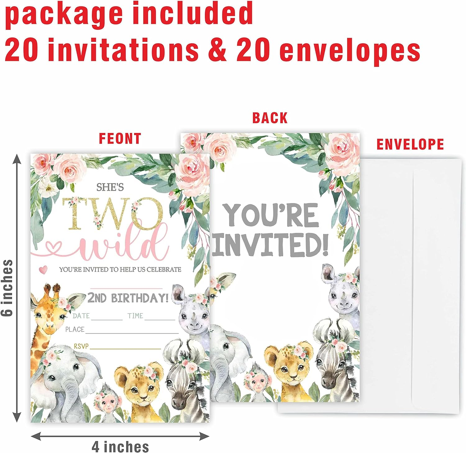 Two Wild Birthday Party Invitation, 2Nd Jungle Animals Invite Cards（20 Count) with Envelopes, Floral Fill in Style Invite Cards for Boys, Girls, Kids, Birthday Party Supplies-A50 - Four Wild image number 3