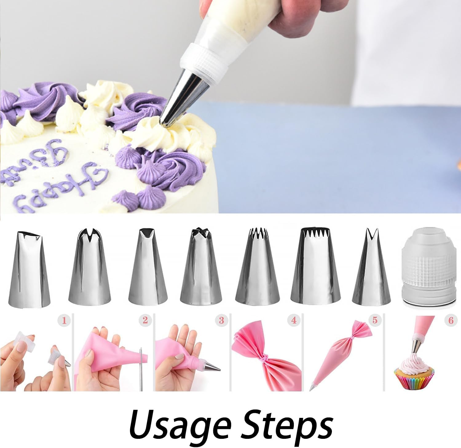 Cake Decorating Kit, 35PCS Cake Decorating Supplies, 11-Inch Rotating Cake Turntable, 7 Piping Tips, 2 Icing Spatulas & 3 Scrapers (Pink)