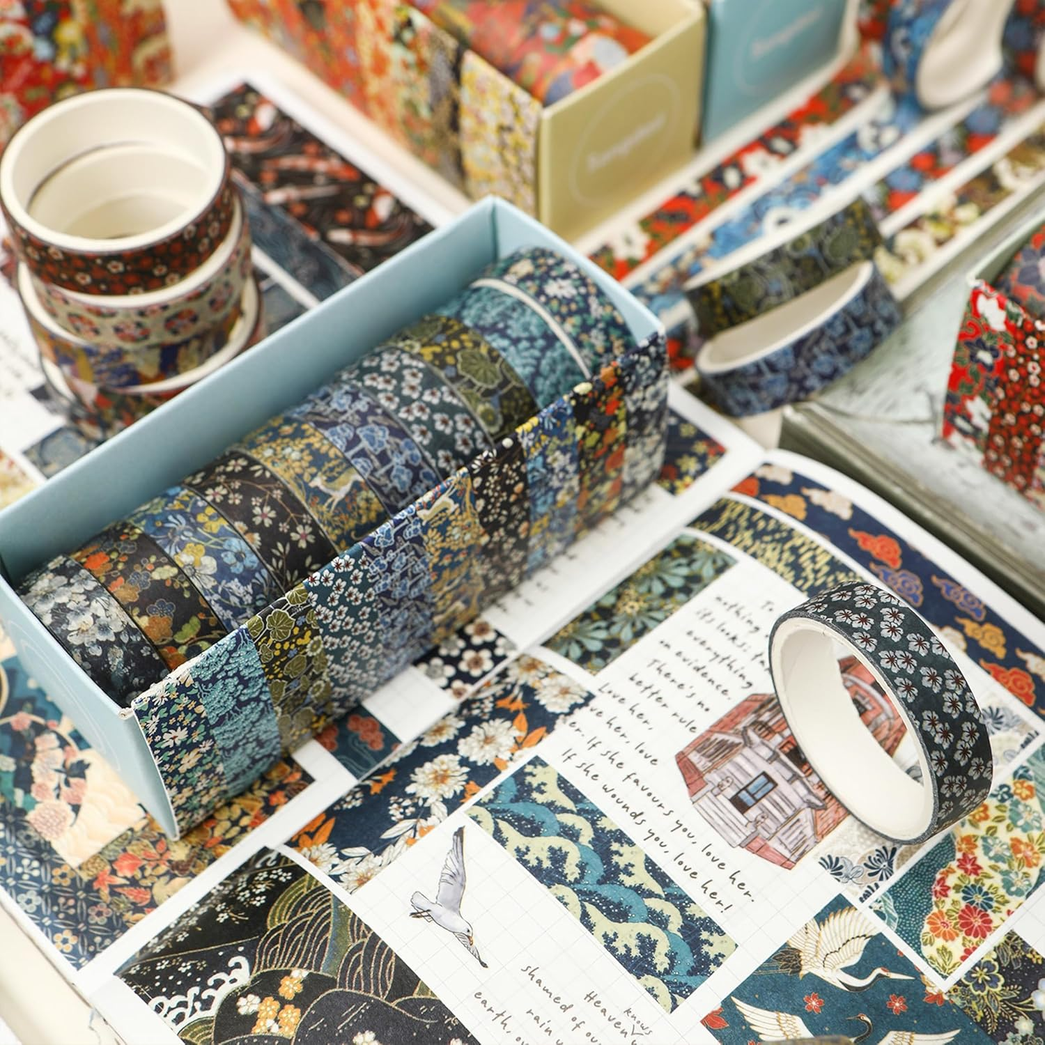 12 Rolls Ukiyo-E Style Washi Tape Set Japanese Kyoto Arts Adhesive Tapes Skinny Decorative Masking Tape Sets for Craft, Kids, Scrapbook, DIY, Gift Wrapping (Blooming Heritage) image number 5