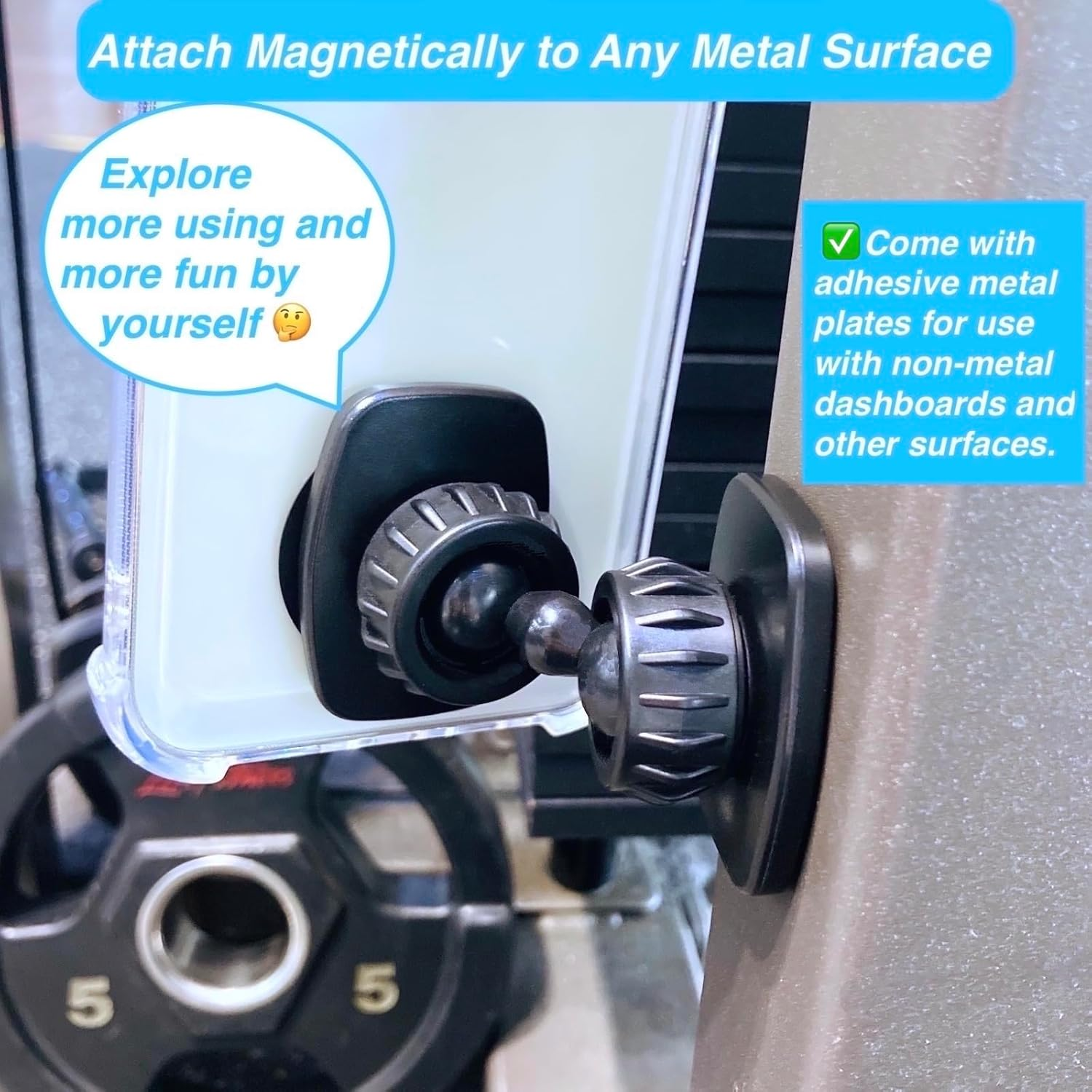 Magnetic Phone Mount Holder, [12 Super Magnets] Dual Gym Phone Holder, [Pocket Size] Double Sided for Gym Attach to Any Metal Surface Compatible with All Phones