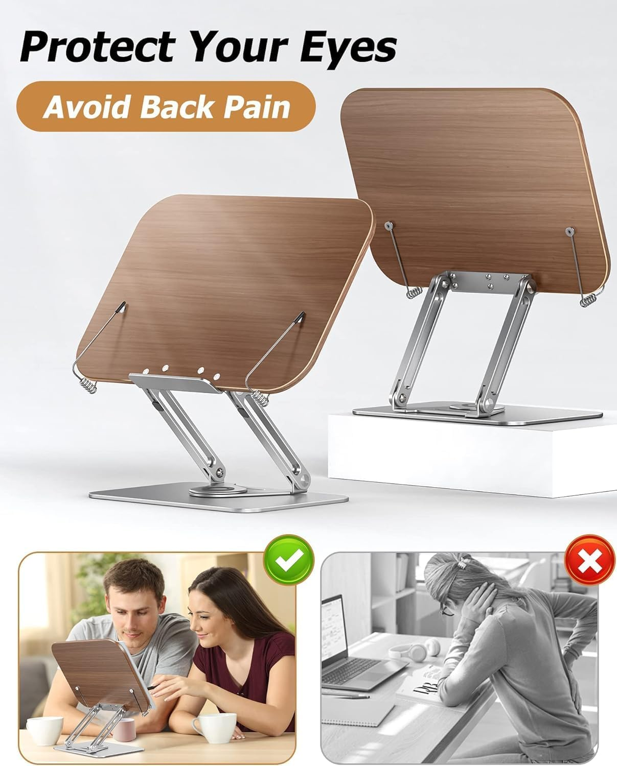 Desktop Book Stand for Reading Adjustable Book Holder with 360&deg; Rotating Base & Page Clips, Foldable Desktop Ricer for Cookbook,Sheet Music,Laptop,Recipe,Textbook,Hands Free,Aluminium image number 1