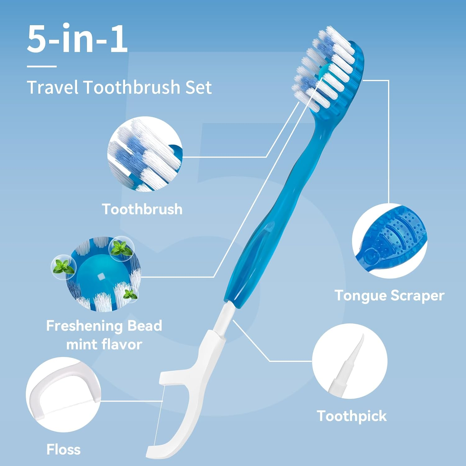 Disposable Mini Travel Toothbrushes, 5-In-1 Pre-Pasted Mini-Brush+Floss+Pick+Tongue Scraper, on the Go Toothbrush with Freshening Bead, Coolmint,20 Count image number 4