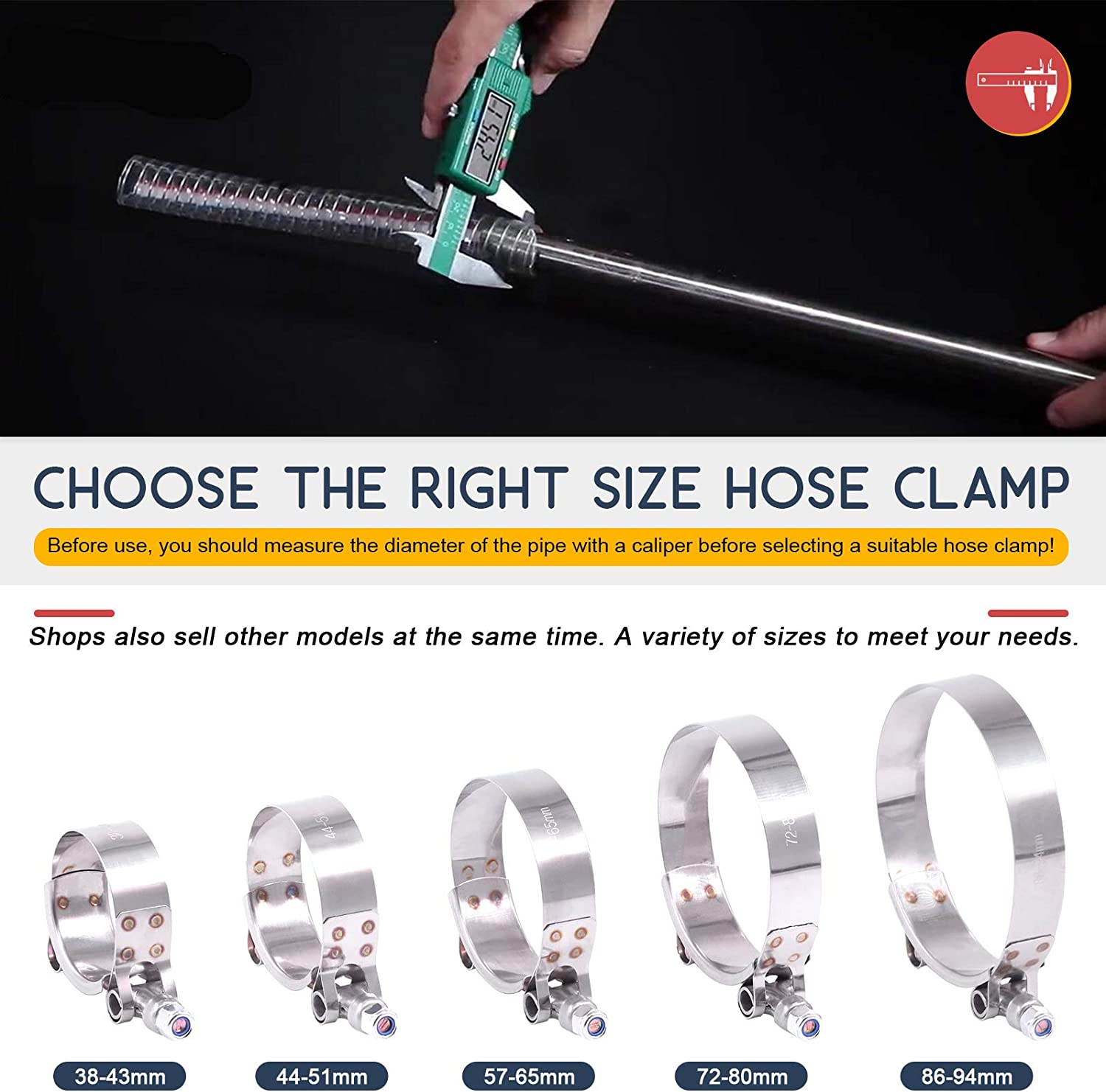 Hilitchi 2Pcs Stainless Steel T-Bolt Clamps with Rounded Band Edges Heavy Duty Turbo Intake Intercooler Clamp (44-51MM) for 1 1/2 Inch