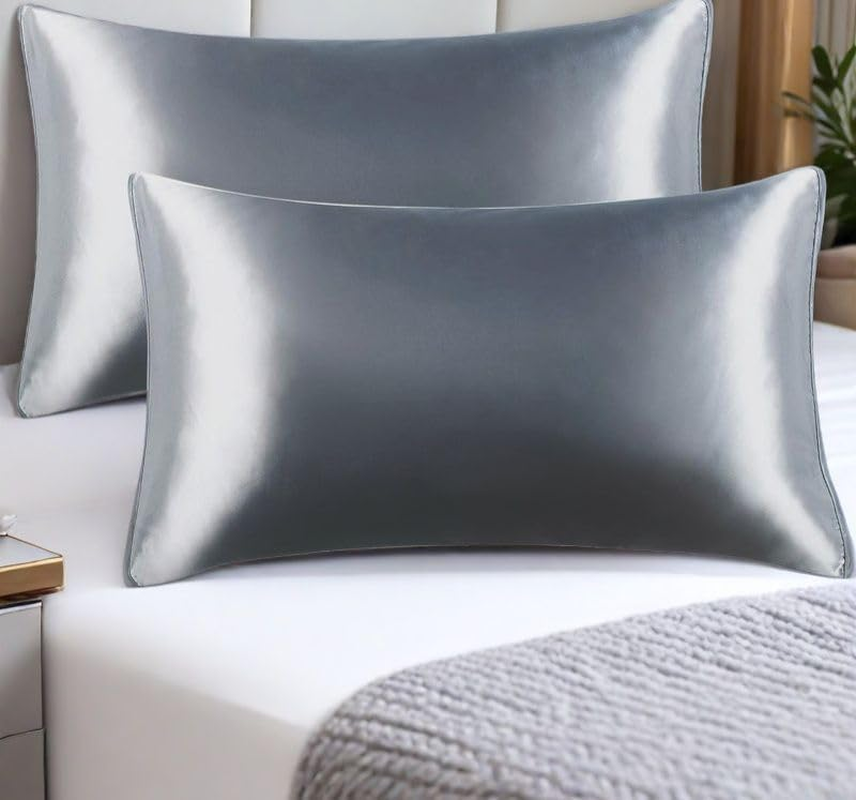 Satin Pillow Shams 2 Pcs Super Soft and Luxury Pillowcases (Standard 48Cm X73Cm, Gray) image number 5
