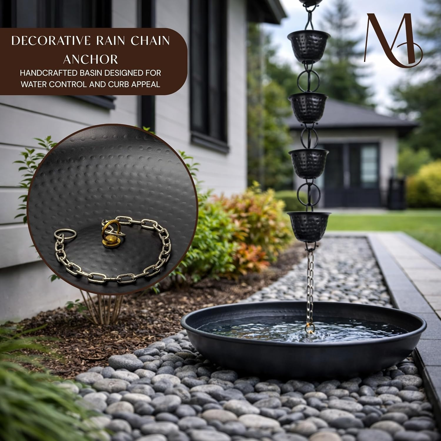 Monarch Rain Chains 15 Inch Basin Hand Hammered Rain Chain Anchoring Basin Downspout Gutters for Outdoor Garden, Lawn and Patio Water Feature, 15 Inch Diameter, Matte Black