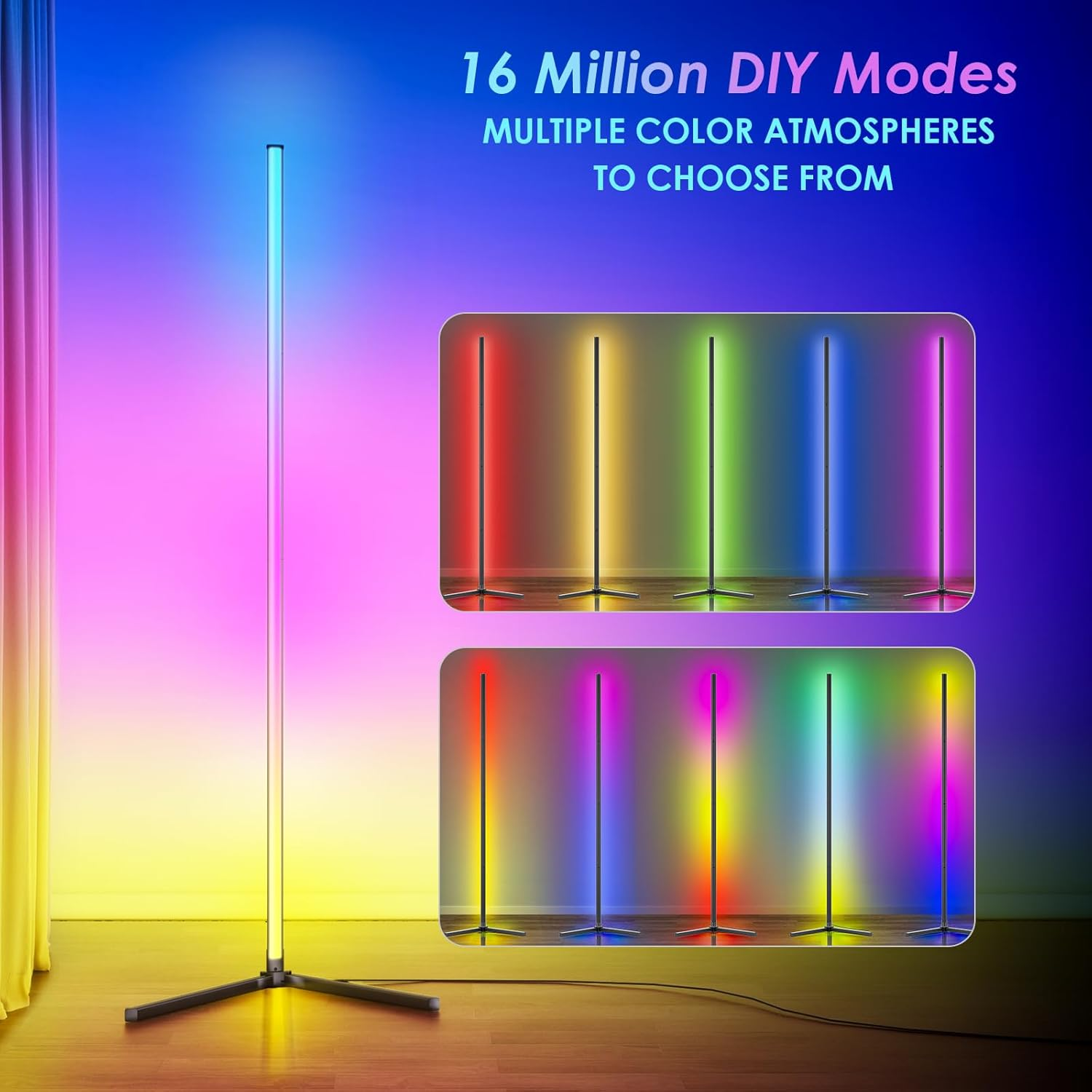 Modern 65&rdquo; LED Corner Floor Lamp with RGB Music Sync, Remote & App Control, 16M DIY Modes, Timer Setting, Black Aluminium image number 4